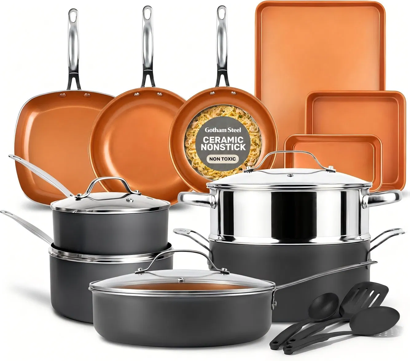 20 PC Ceramic Cookware Set, Copper Pots and Pans Set Non Stick with Bakeware, Cooking Utensils, and Steamer, Oven and Dishwasher Safe