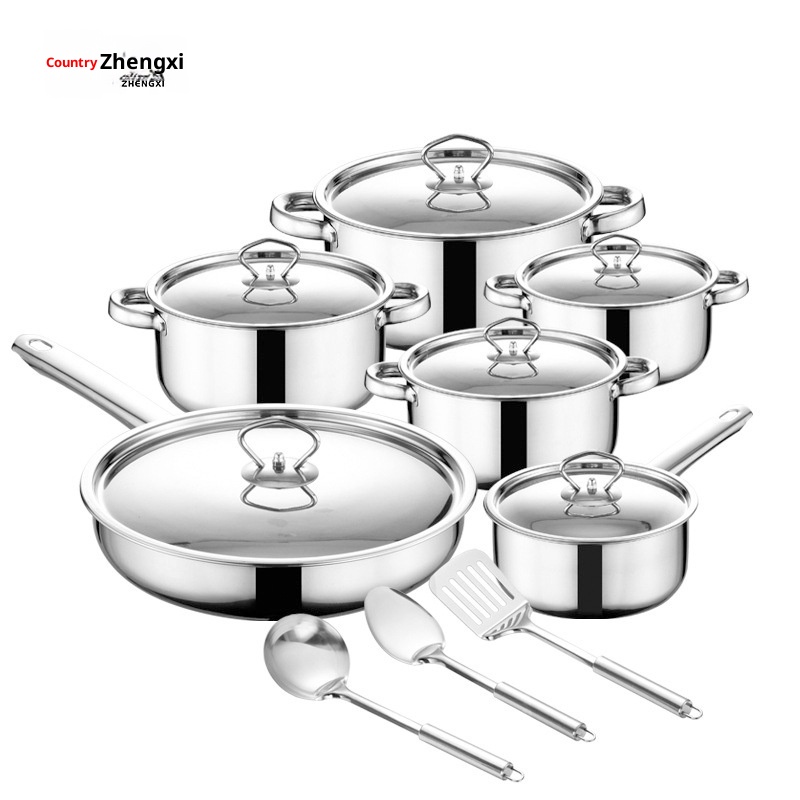 Modern 15-Piece Stainless Steel Multi-Pot Set Soup Frying Pan Gas Induction Compatible Oven Safe Sustainable Dishwasher Cookware