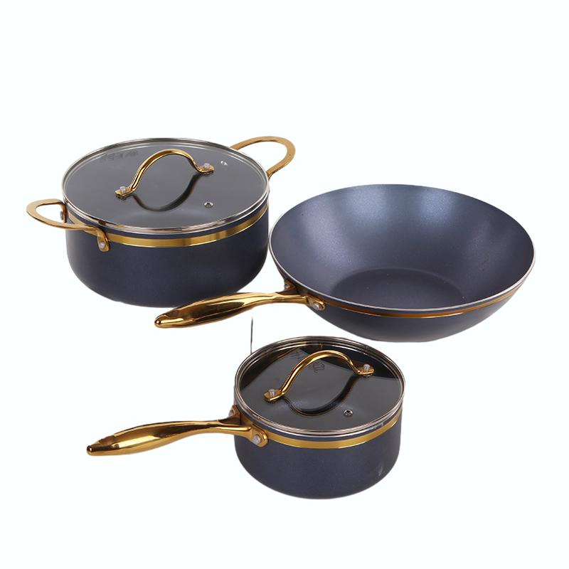 Durable Hard Anodized Blue Golden Cookware Set with Chinese Wok
