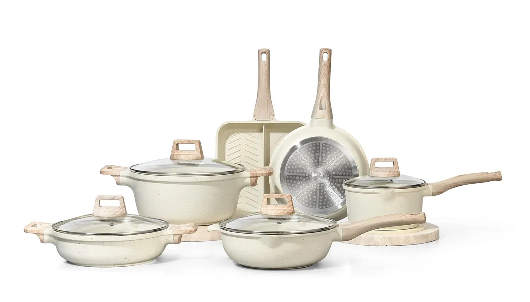 Ceramic White Marble Non-Stick Classic Design Kitchen Ware Casserole Cooking Cookware Set