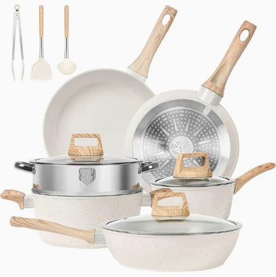 12-Piece Nonstick Cookware Set Healthy Pots and Pans Set, Non-Toxic Kitchen Cooking Set with Silicone Utensil Tools