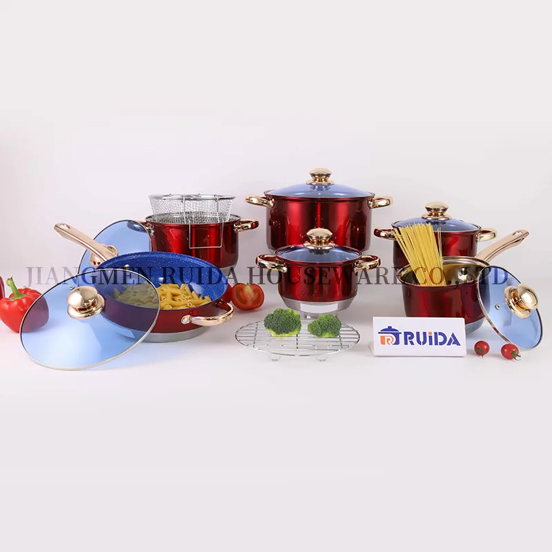 Red Mirror Polishing Copper Knob Blue Glass Lid Cookware Set