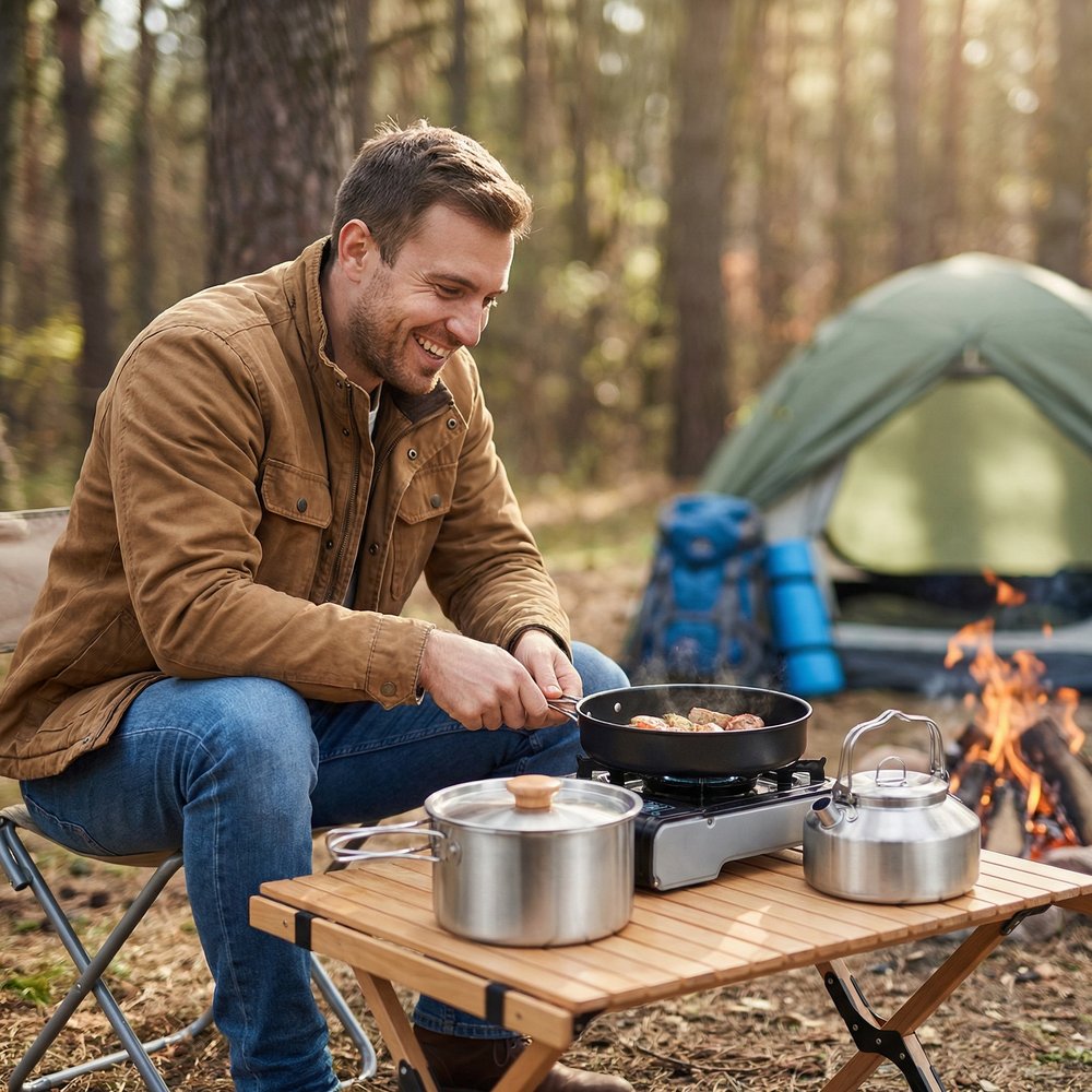 Outdoor Home Use 304 Stainless Steel Three-Piece Cooking Pot Set with Lid Portable Camping Cookware Non-Stick Frying Pan Kettle