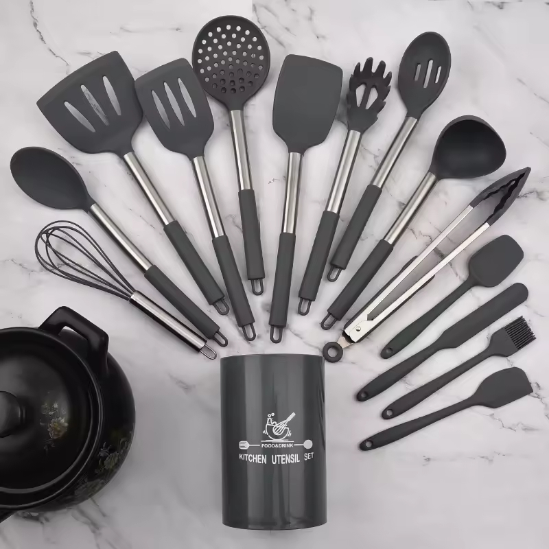 15 PCS Heat Resistant Non-Stick Kitchen Tool Cookware Silicone Cooking Utensils Sets with Stainless Steel Handle