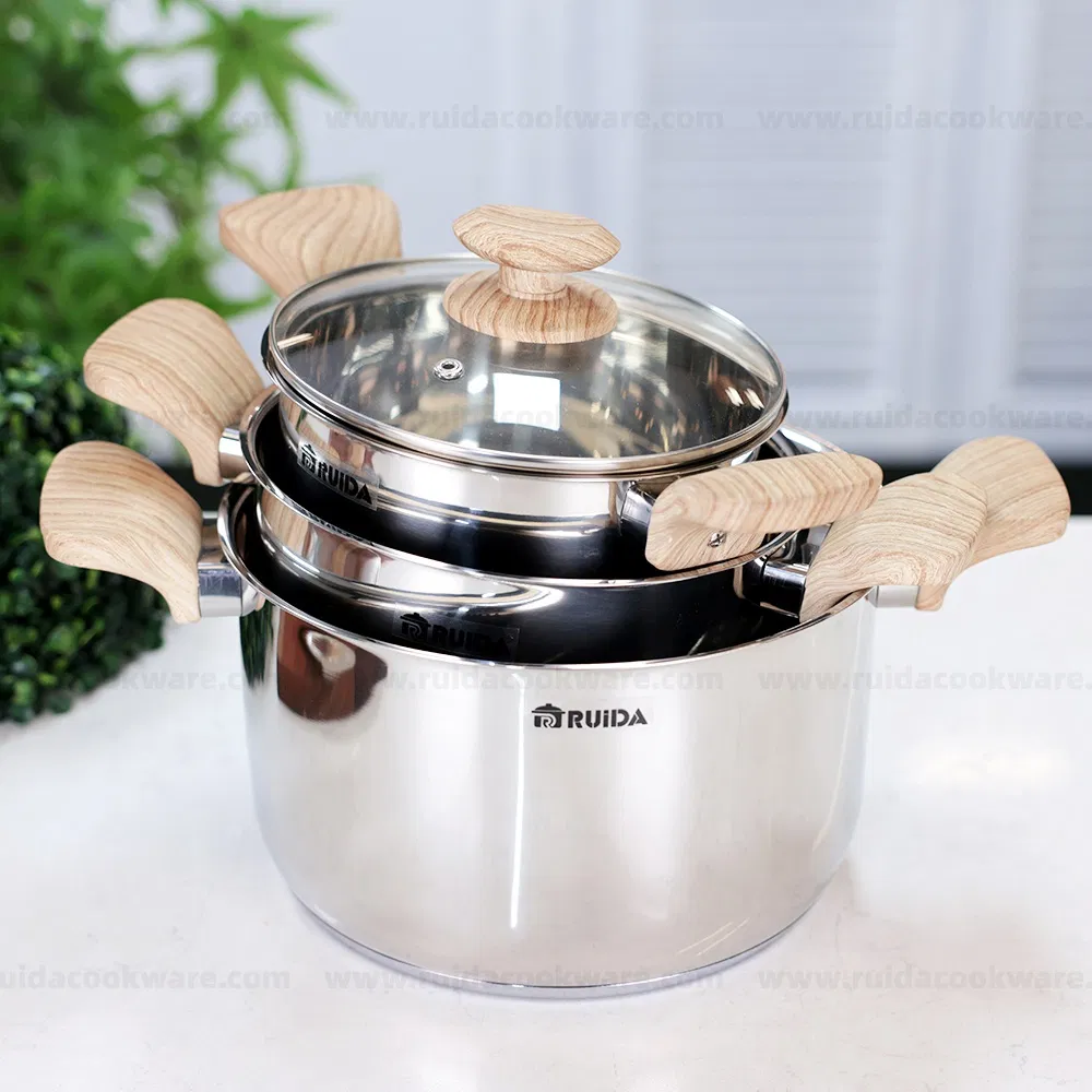 New Design 9PCS Mirror Polishing Wooden Handle Cookware Set