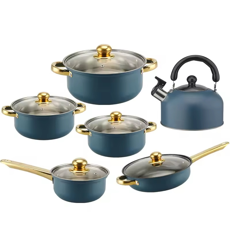 12 PCS Stainless Steel Cooking Pans Set Fast Shipment Non-Stick Kitchen Cookware Soup Stock Pots and Frying Pan