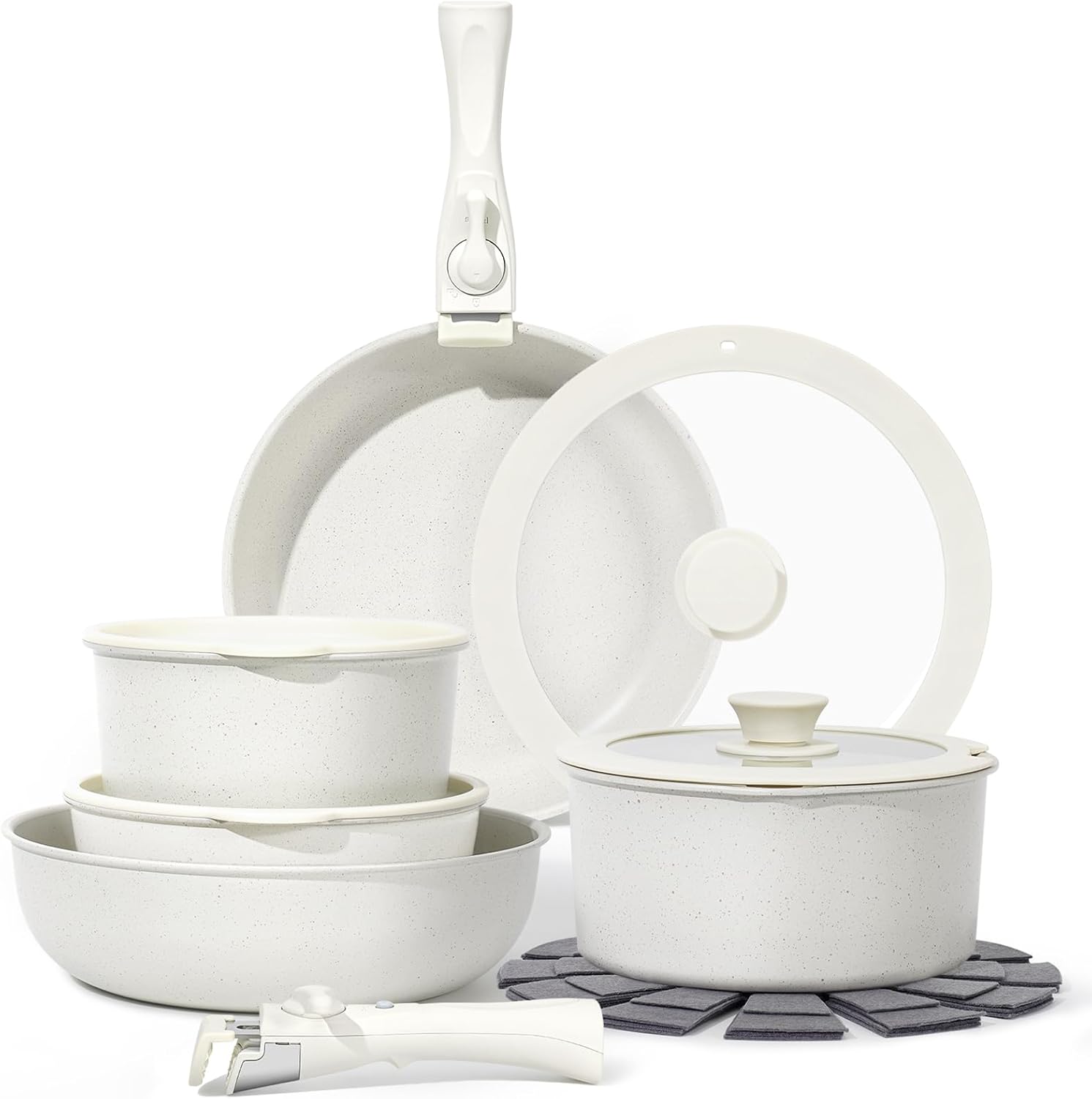 Wholesale 15 Pcs Write Granite Aluminum Cookware Set Nonstick Coating Pans Pots With Detachable Handle for Home Cooking