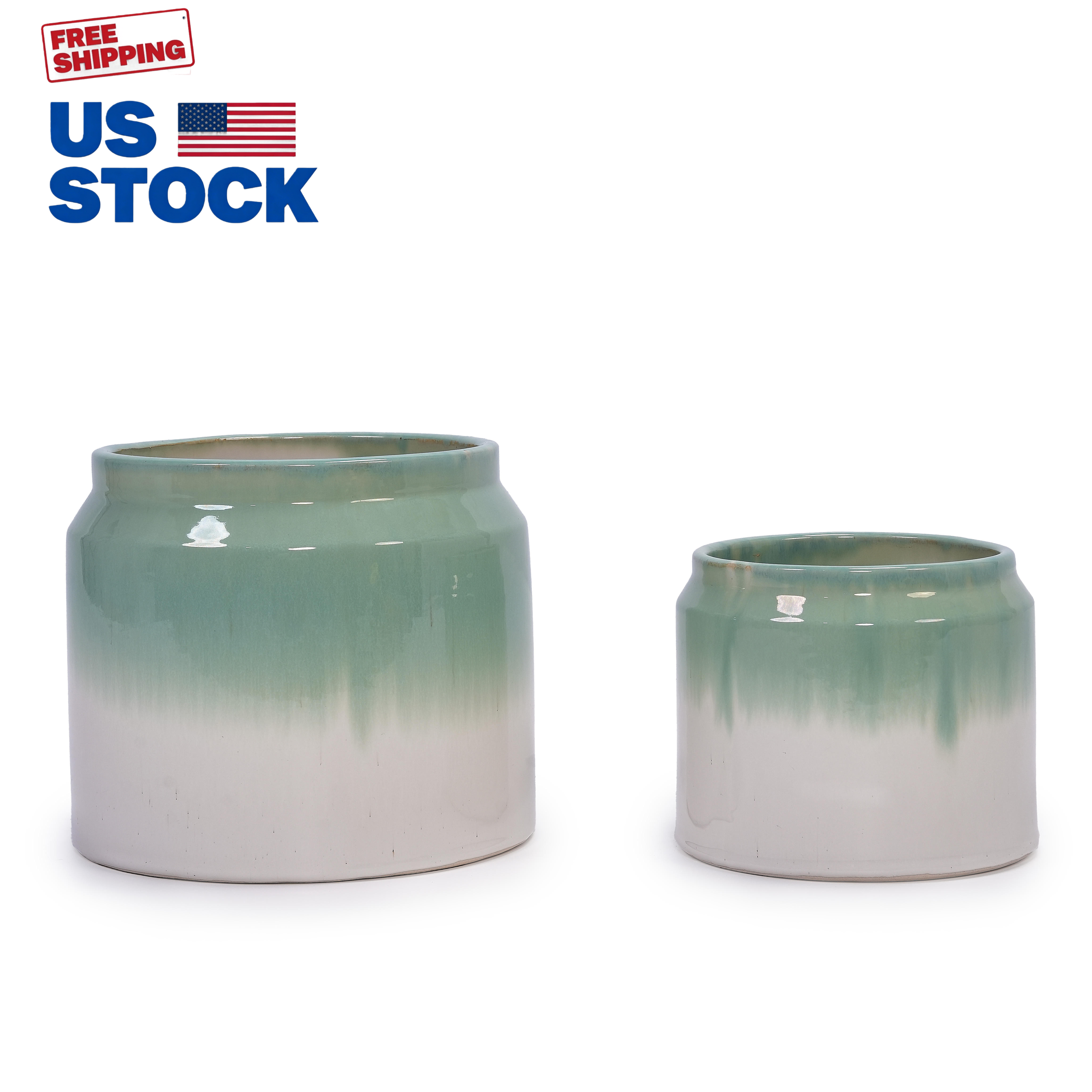 Free Shipping US Stock 3-Day Fast Shipping Green-White Glaze Handmade Ceramic Planter Set 2 Flower Pots Garden Use Breathable