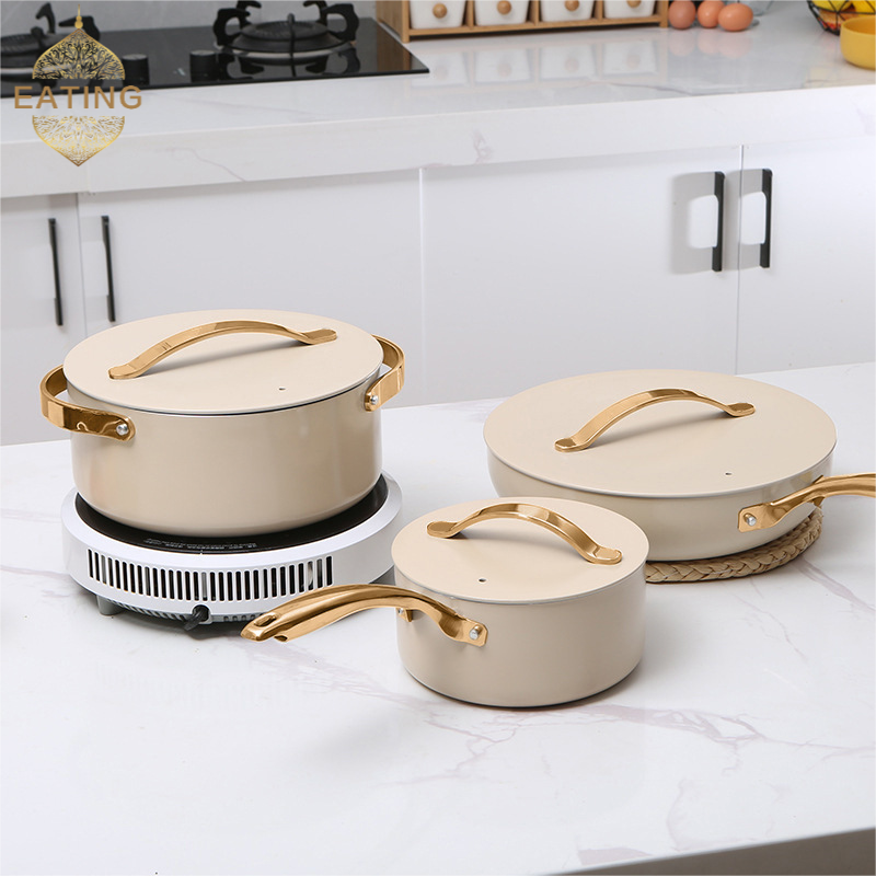 High-Temp Resistant Cookware Set 26-28cm Deep Fry Pans 18-24cm Stock Pots With 3 Lids Industrial-Grade Ceramic Coating