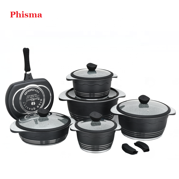 High Quality 12 Pieces Granite Cooking Stackable Non-stick Cast Aluminum Cookware Sets with Silicone Lid