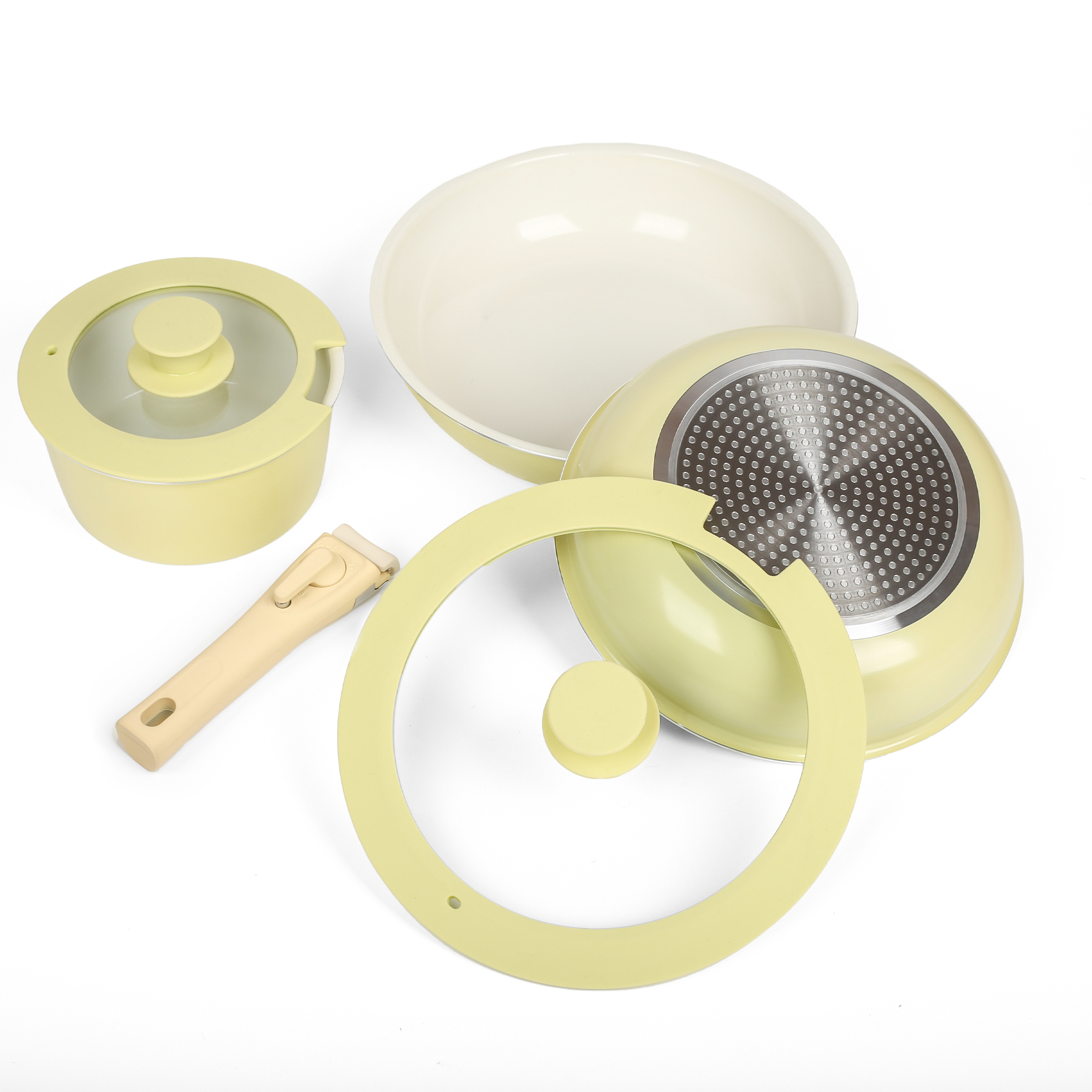 Stackable Aluminum Cookware Set with Removable Handle and Silicone Lid Non-stick Pans for Induction