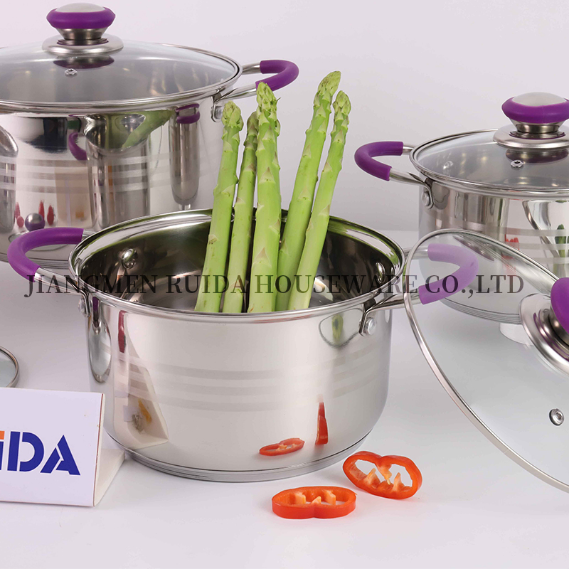 Kitchen Induction 8PCS Stainless Steel Cookware Kitchenware Set with Purple Silicone Handle