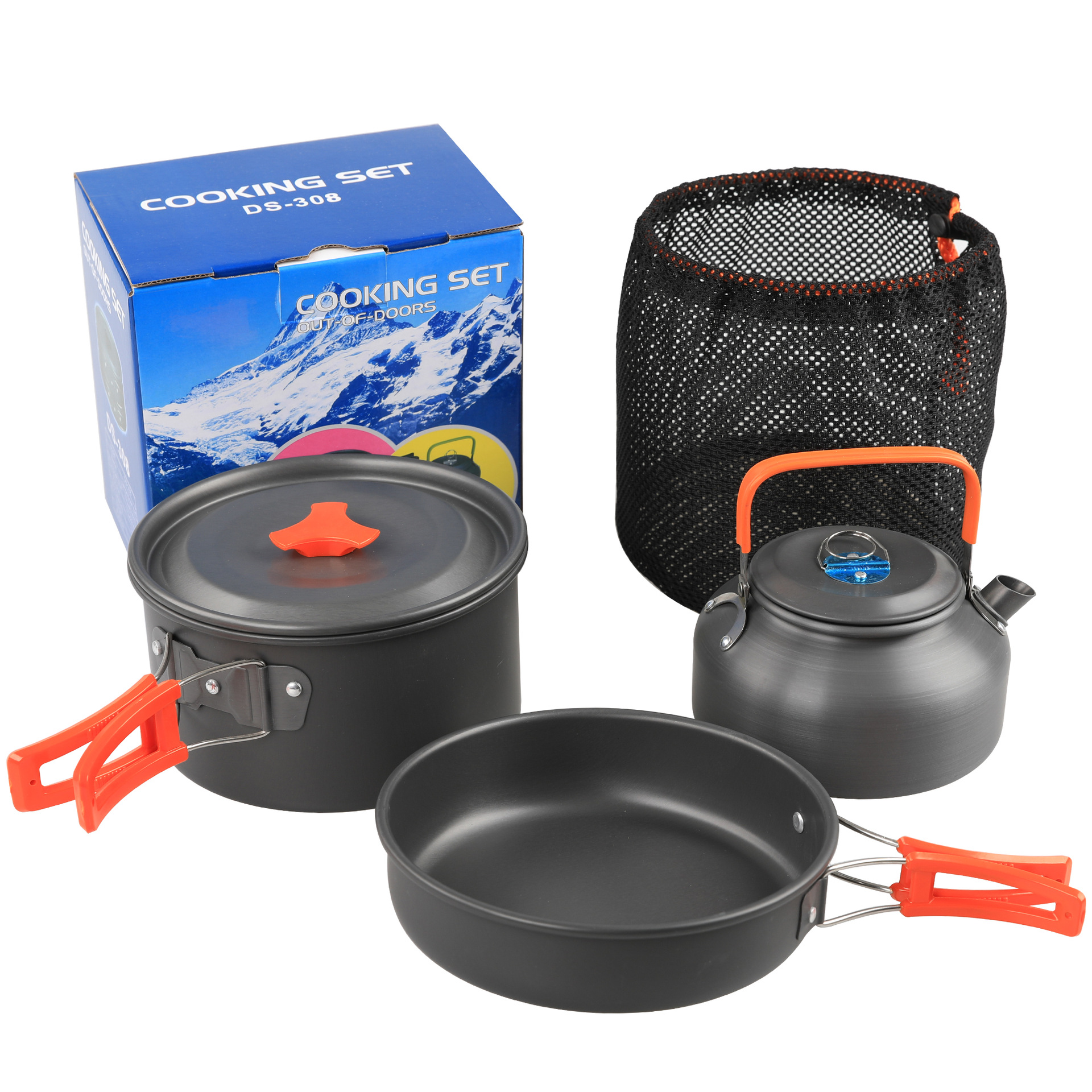 2~3 Person Camping Cookware Mess Kit With Kettle Non Stick Pot Outdoor Cookware Non-Stick Lightweight Pots Set for Camping