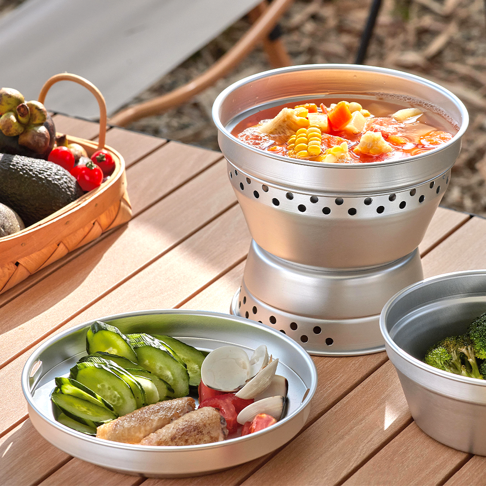 1.2L/1.5L Lightweight Frying Pans Pot Stacking Silver Aluminum 8-Piece Camping Cookware Set with Integrated Alcohol Stove