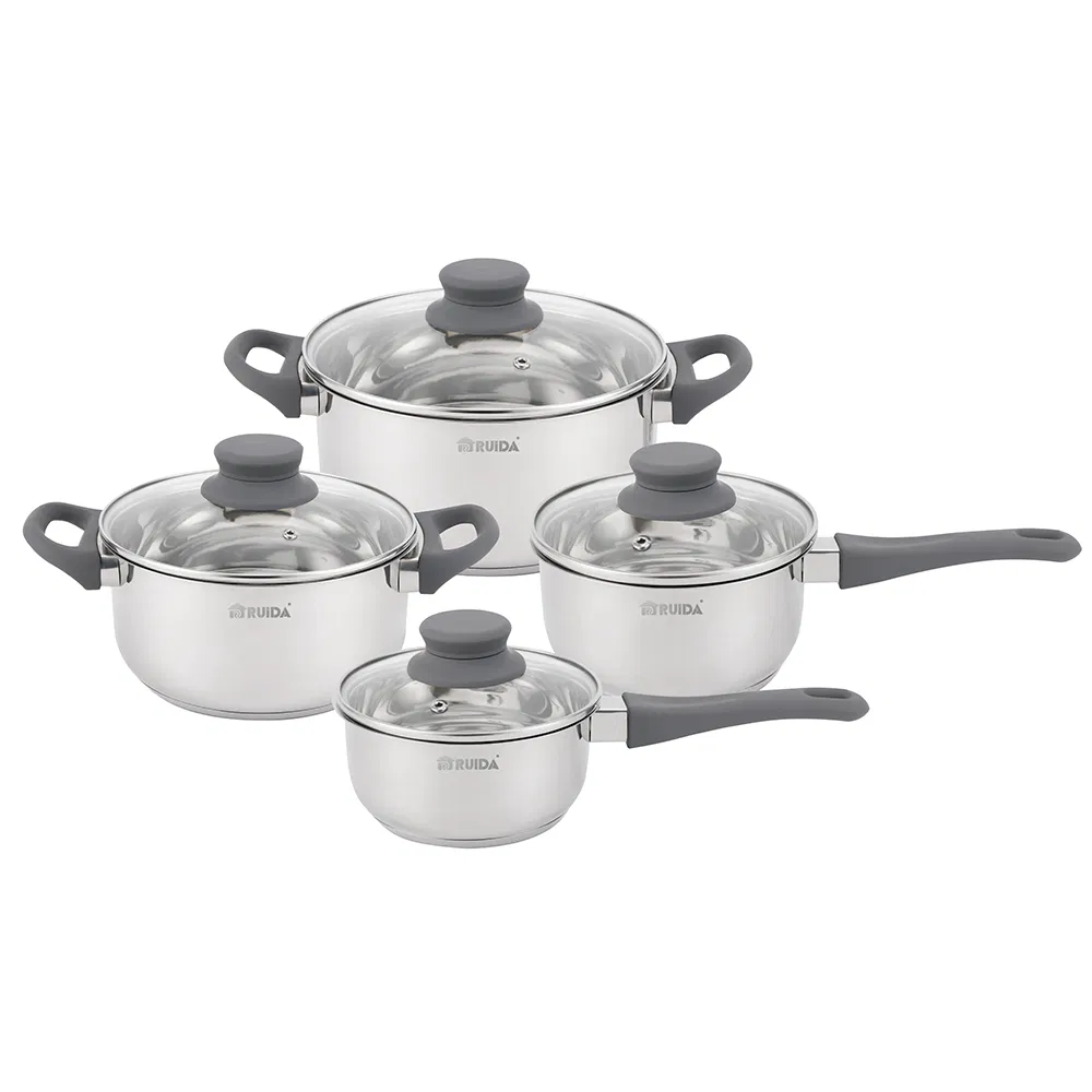 Top Sale 8PCS Soft Touch Handle Glass Lid Induction Bottom Cookware Set