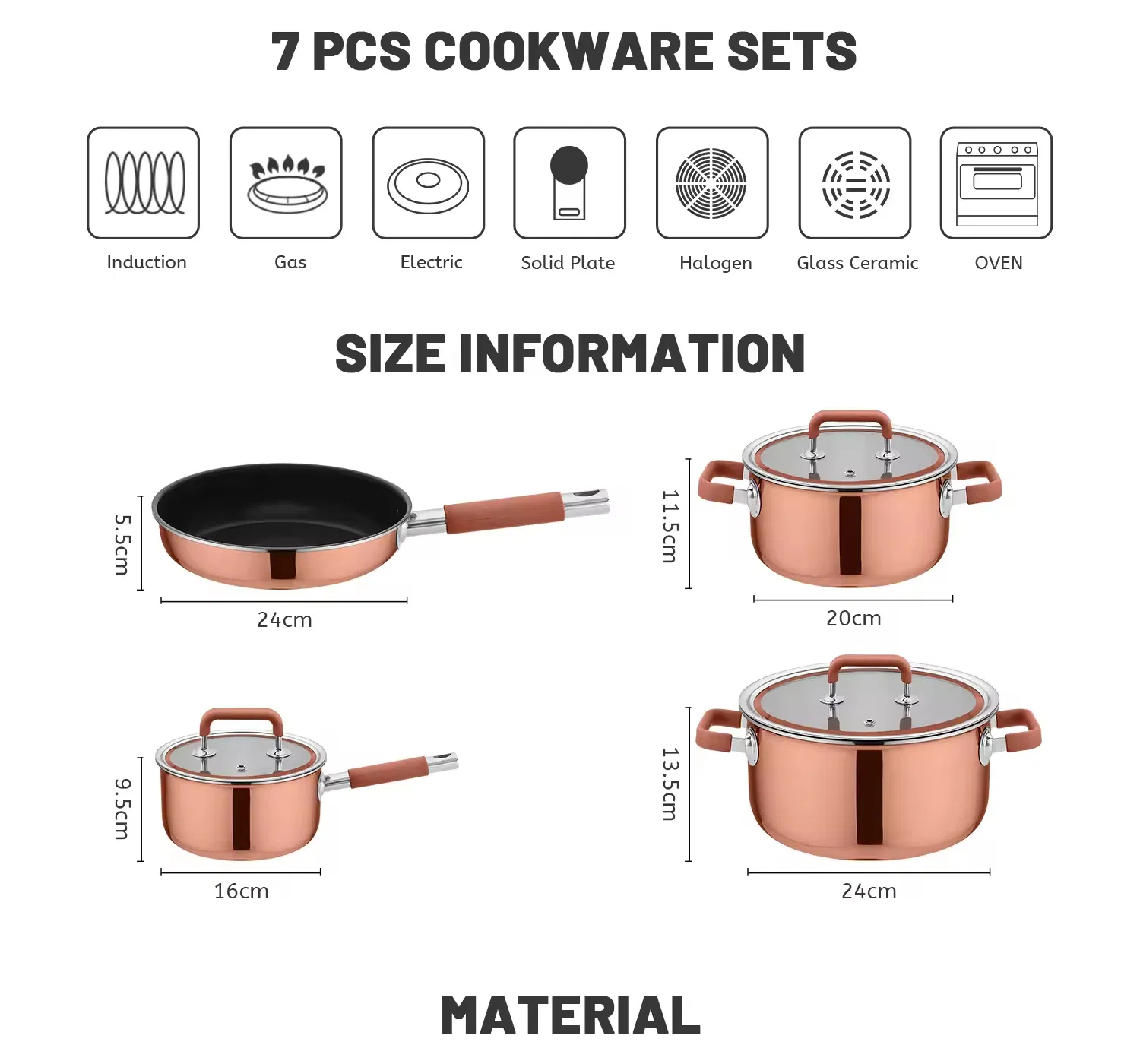 Luxury Design Copper Triply 304 Stainless Steel Cooking Pot Cookware Set with Silicone Handle