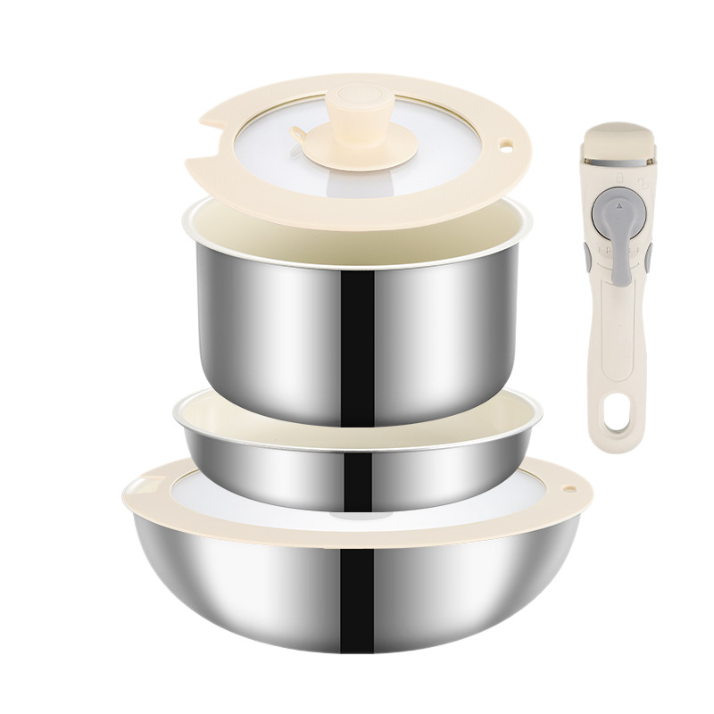 Stainless Steel Detachable Handle Cookware Set Fry Pan Sauce Pot Milk Pot with Glass Lid Triple Ply for Home Use