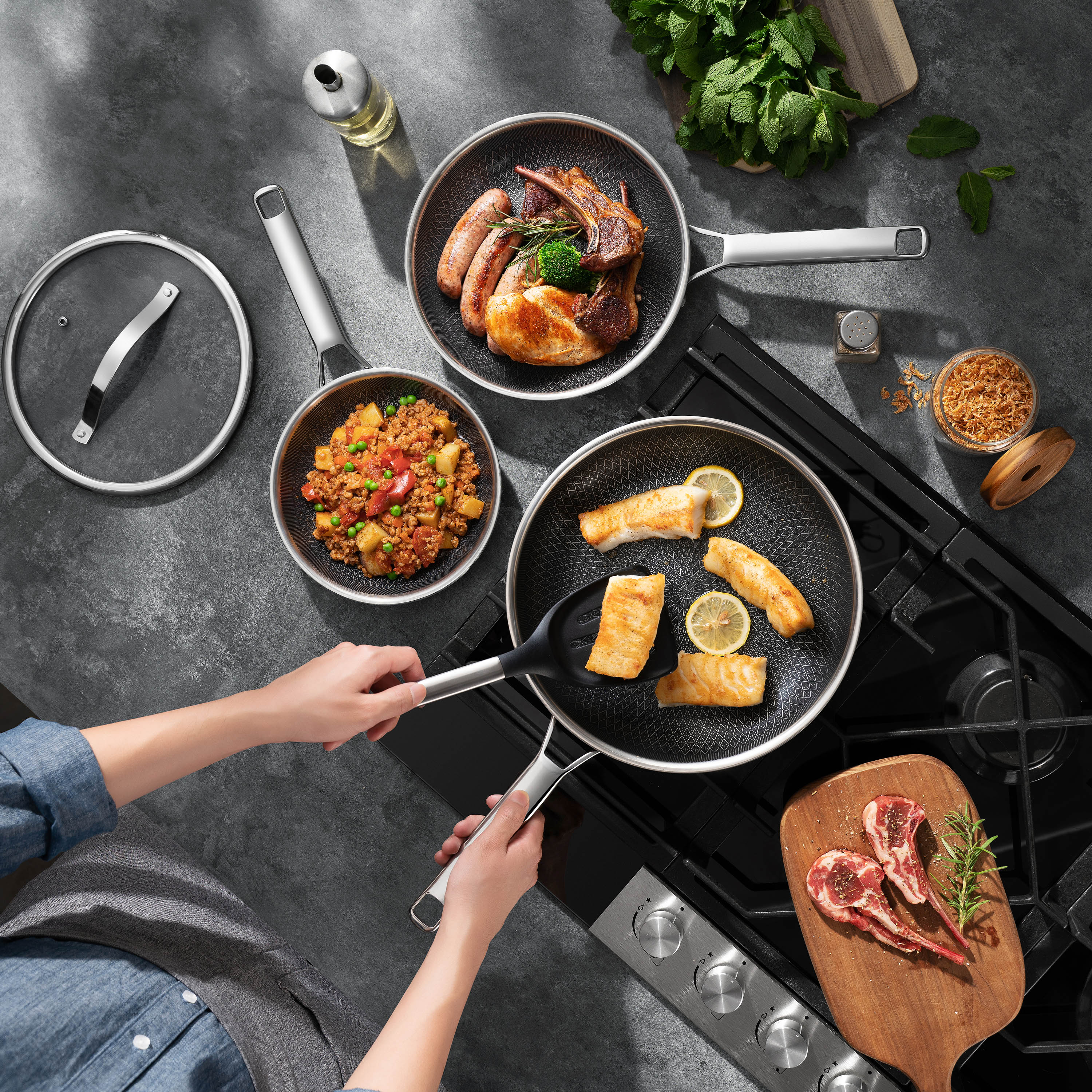 3-piece Stainless Steel Non-Stick Cookware Set All Hobs Oven Safe Complete Kitchen Ceramic Frying Pan