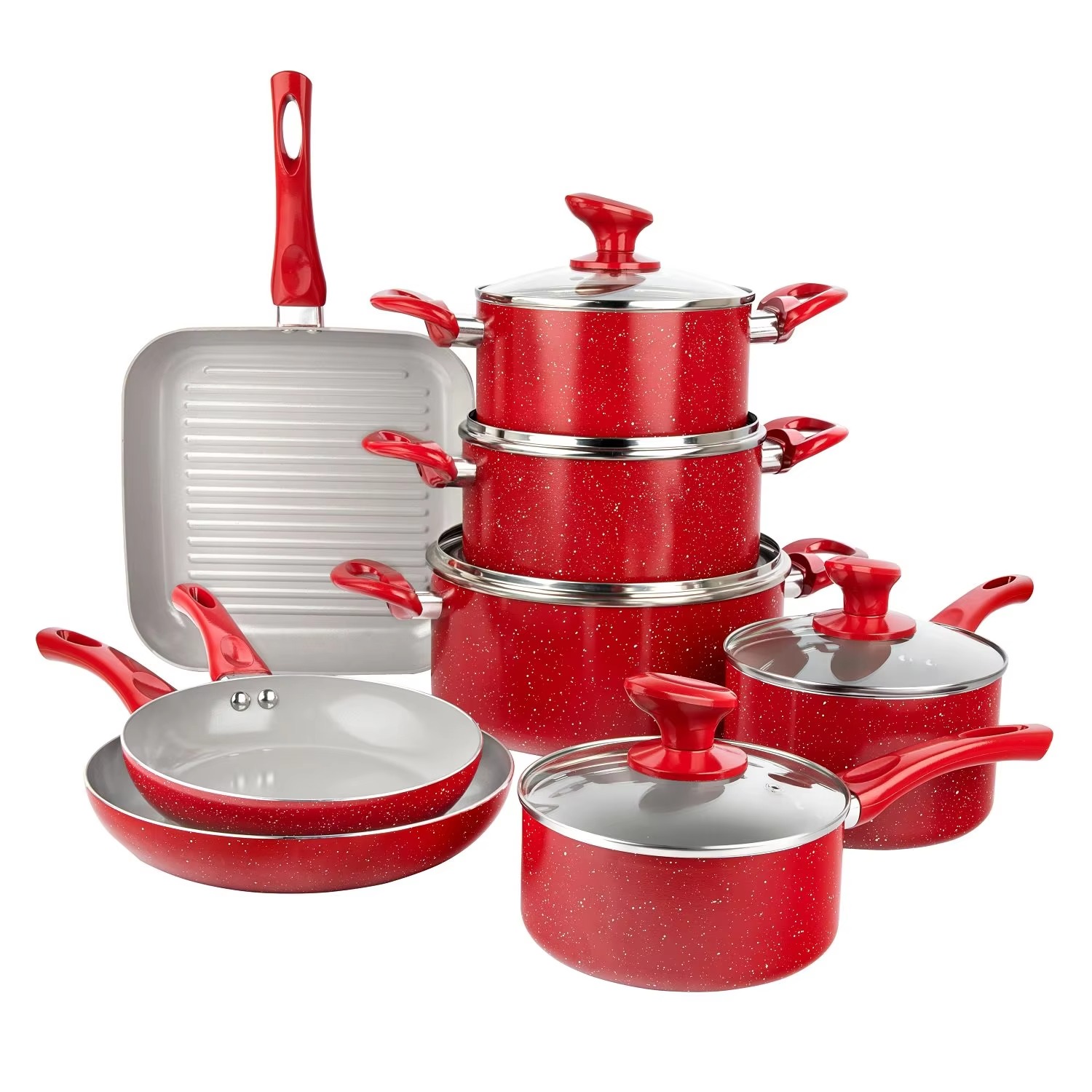 2025 Customizable Eco-Friendly 13-Piece Large Multi-Piece Non-Stick Cookware Set Classic Red Marble Coated Glass Cover