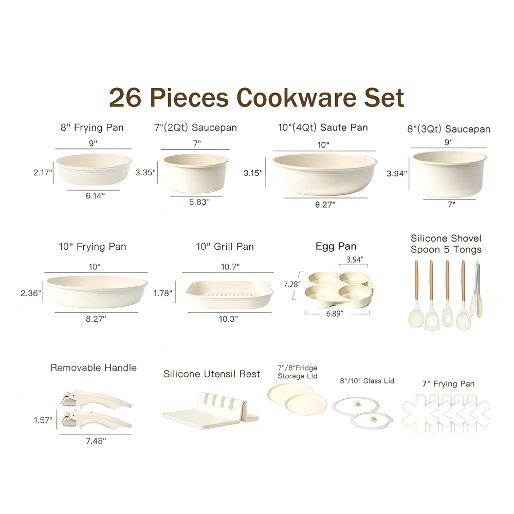 Aluminum Non-Stick Healthy Cookware Set Detachable Handle Clear Glass Lids 27-Piece Oven Safe Dishwasher Safe Kitchen Pots Pans