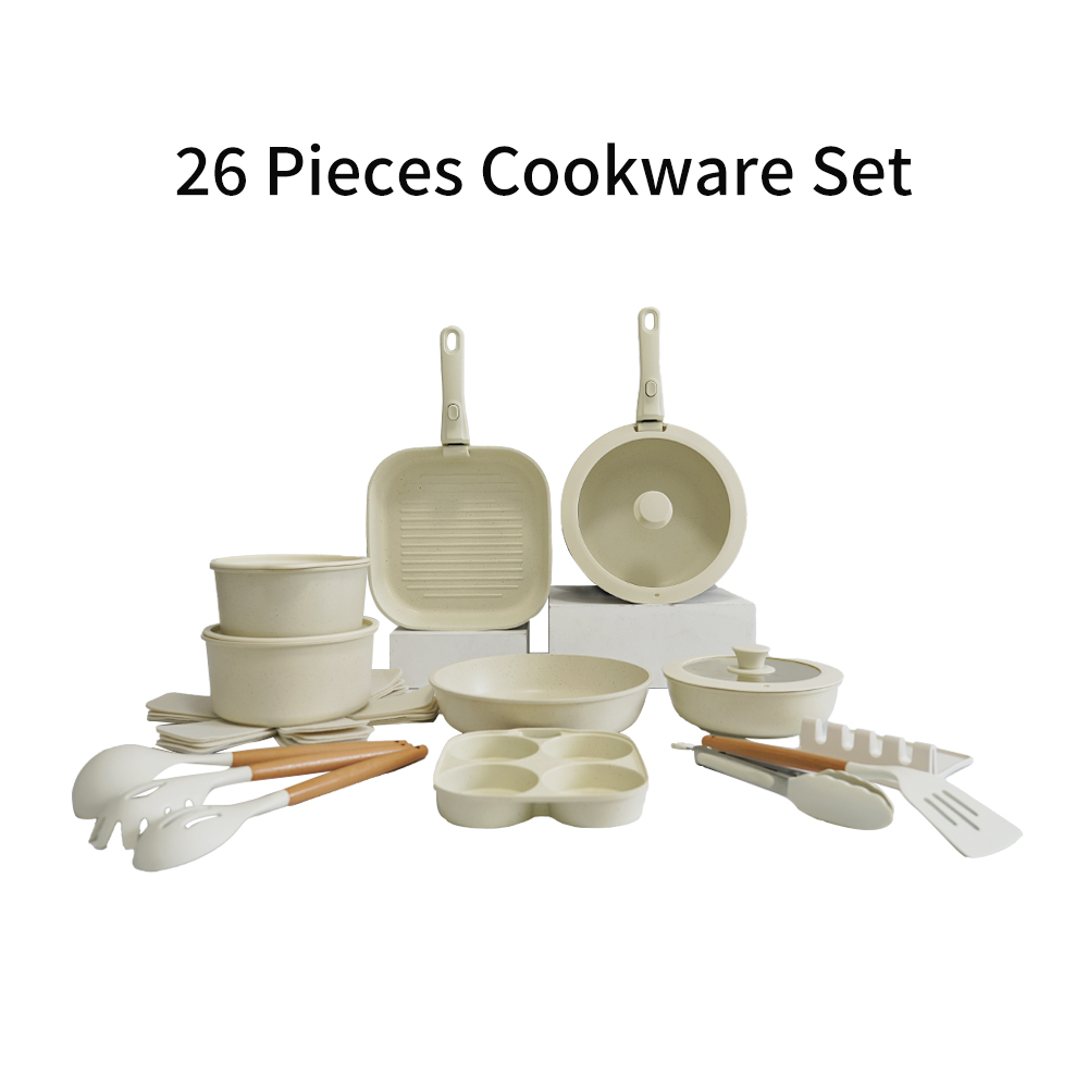 Aluminum Non-Stick Healthy Cookware Set Detachable Handle Clear Glass Lids 27-Piece Oven Safe Dishwasher Safe Kitchen Pots Pans