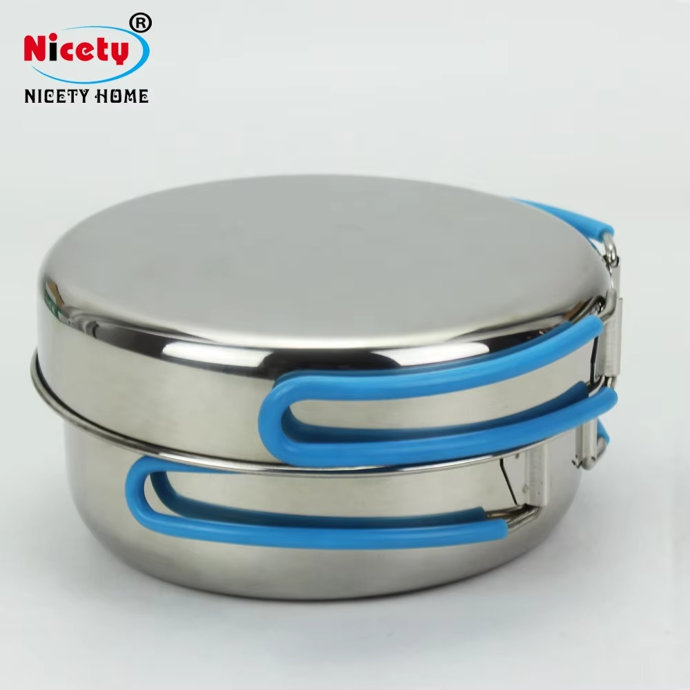Camping Cookware Set Sus304 Cooking Pots Stainless Steel Stackable Outdoor Accept Customized Logo 9 Pcs Body and Handle Silicone