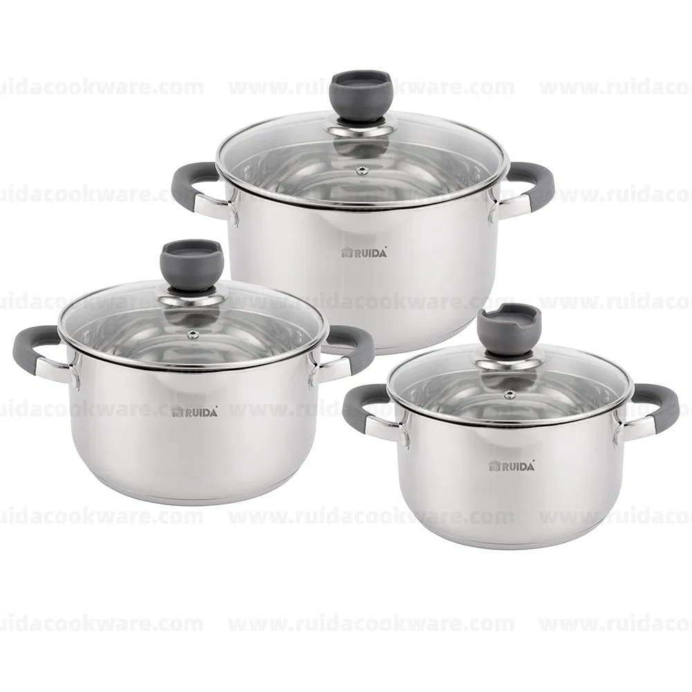 Kitchen Stainless Steel Cookware Set with Colander Lid and Grey Silicone Handle