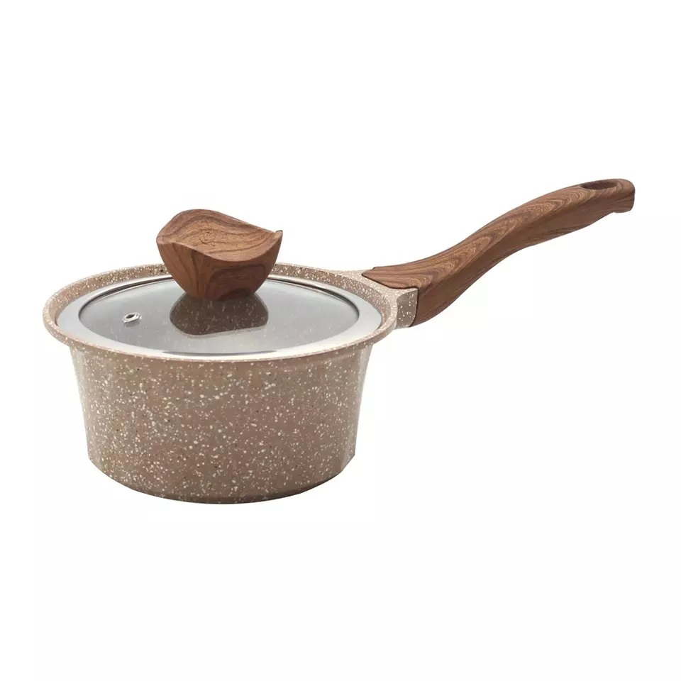 High Quality Hot Seller Die-Cast Cookware Set with Glass Lid and Wooden Soft Touch Handle Stone Marble Aluminum Cookware with Induction Bottom