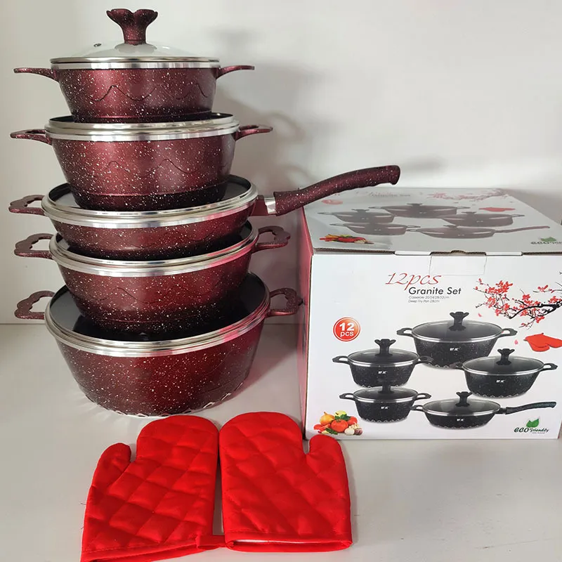 12PCS Die Cast Granite Coated Nonstick Cooking Pot Aluminum Pan Granite Coated Cookware Sets