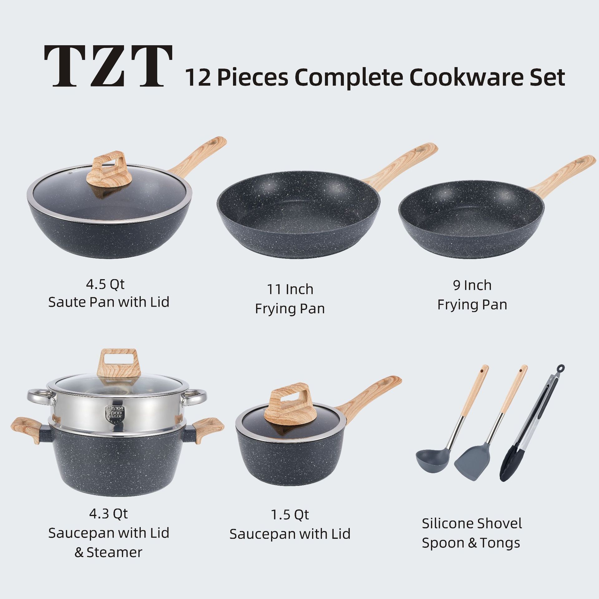 Modern Eco-Friendly 12-Piece Gas Ready Kitchen Cookware Set Dishwasher &amp; Oven Safe Cast Aluminum Pots and Pans Nonstick