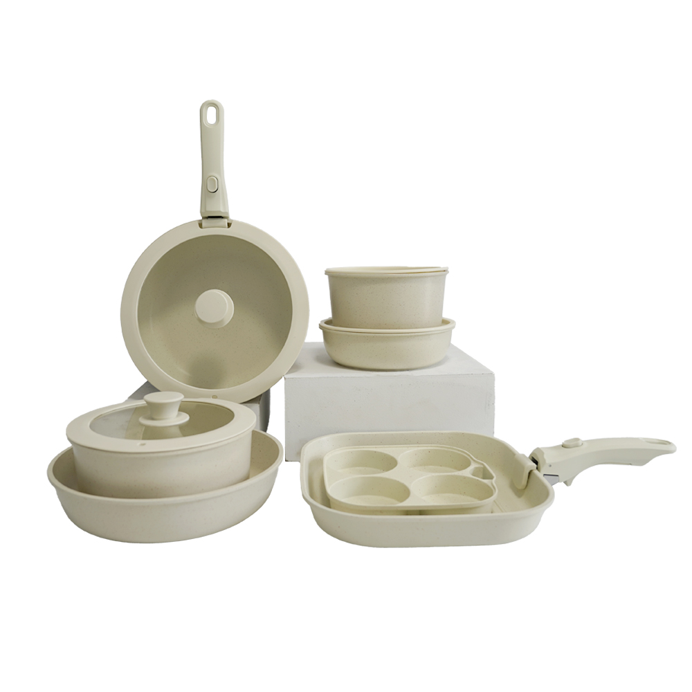 Aluminum Non-Stick Healthy Cookware Set Detachable Handle Clear Glass Lids 27-Piece Oven Safe Dishwasher Safe Kitchen Pots Pans