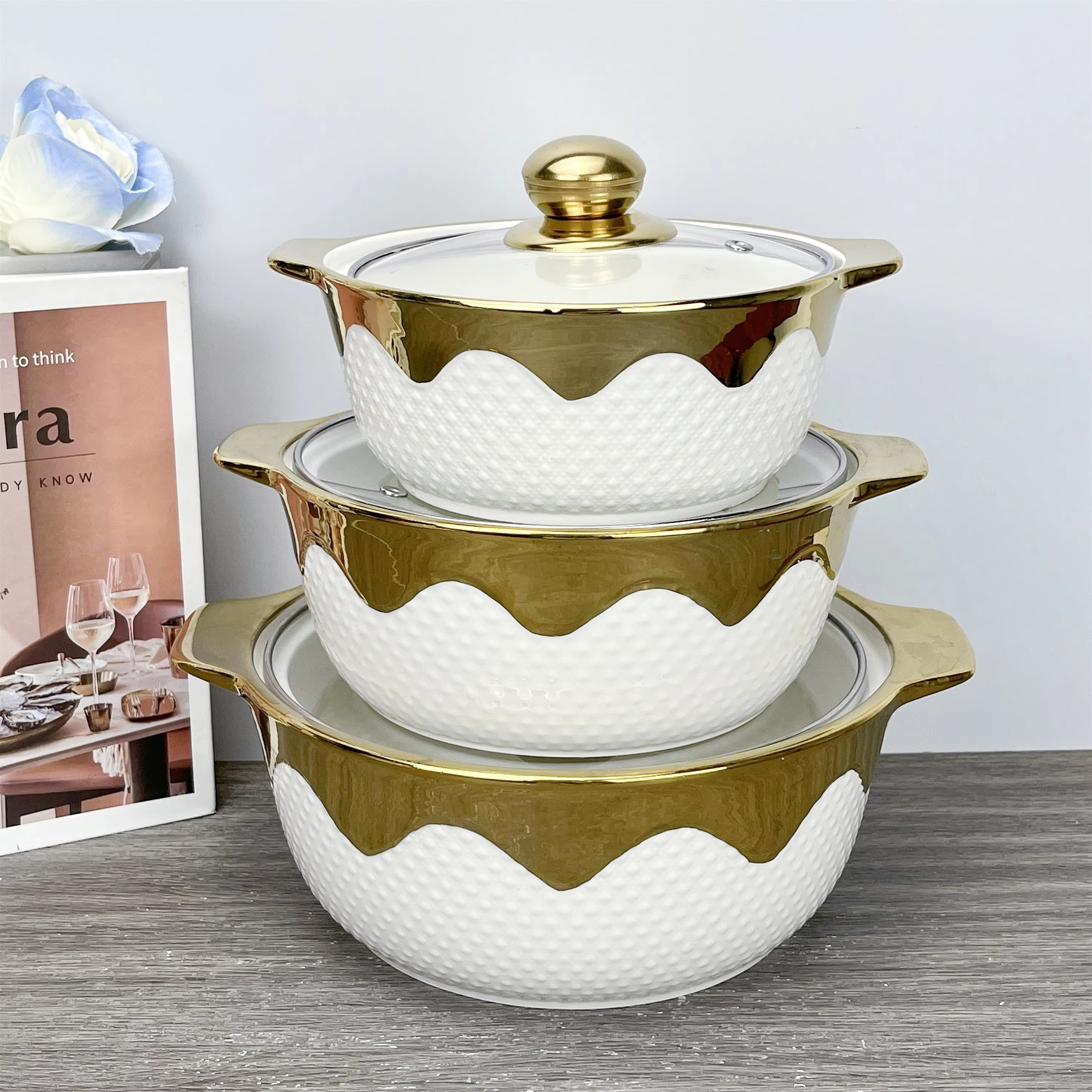 Light Luxury Cover Stock Pot Set Modern Design Ceramic Mixing Bowl Set Multifunctional Porcelain Soup Pot Set With Glass Lid