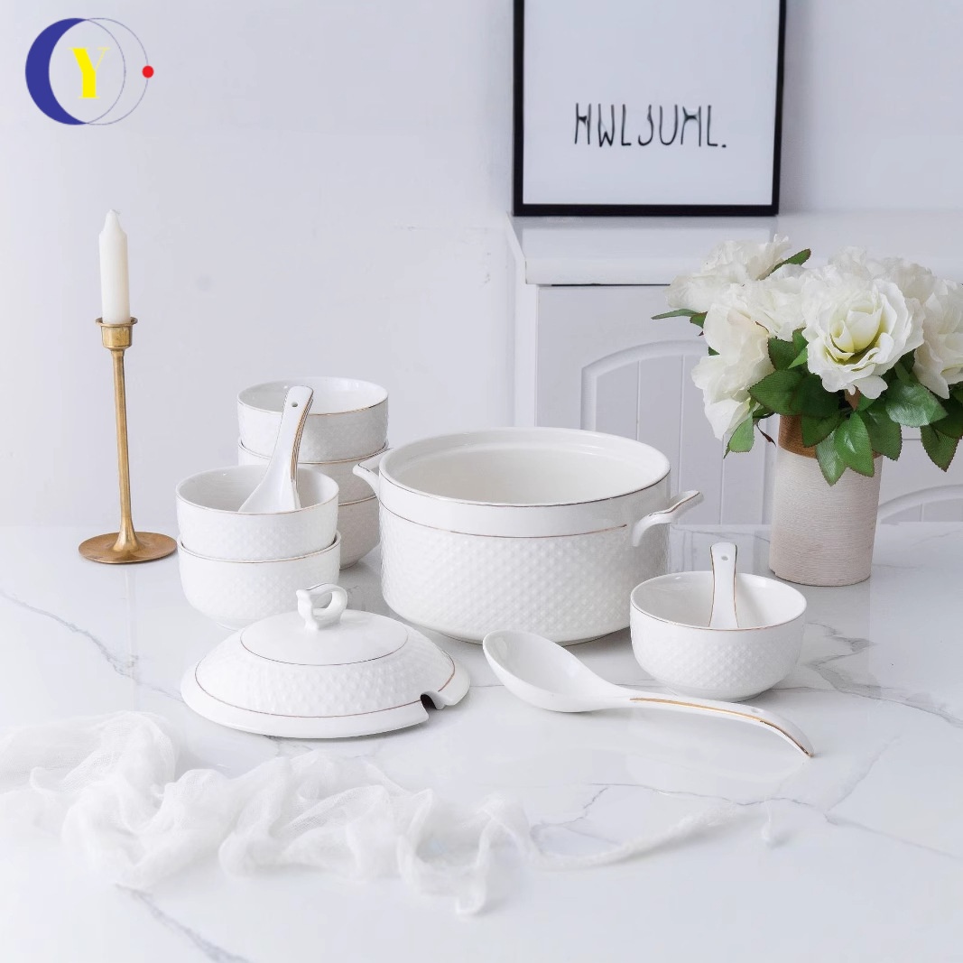 White Ceramic Stockpot Set with Lid Phnom Penh Design Heated Gold Rack Embossed Elegant Dinnerware