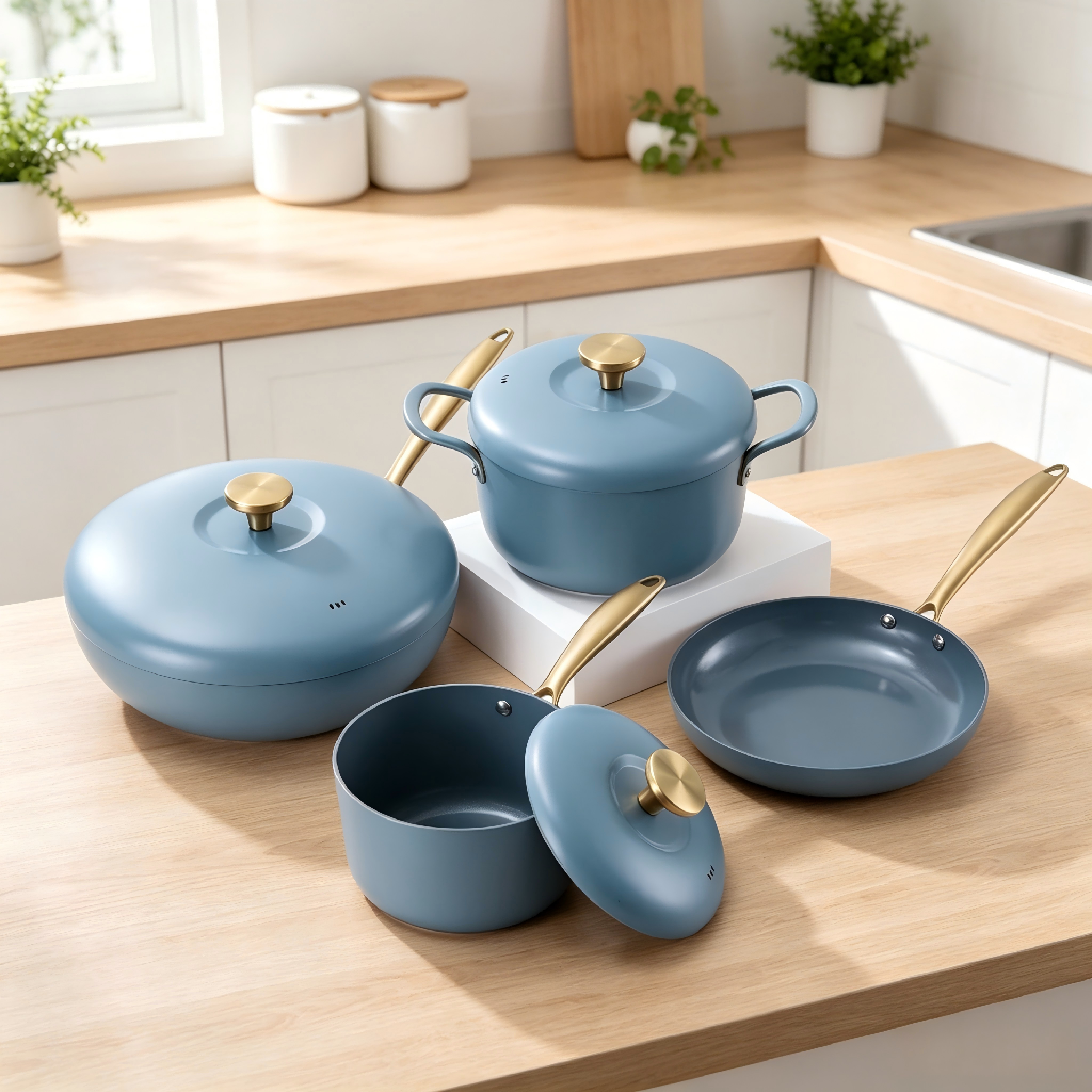 Custom Color 7-Piece Ceramic Non-Stick Aluminum Iron Bottom Cookware Set Stackable Space Saving Cookware