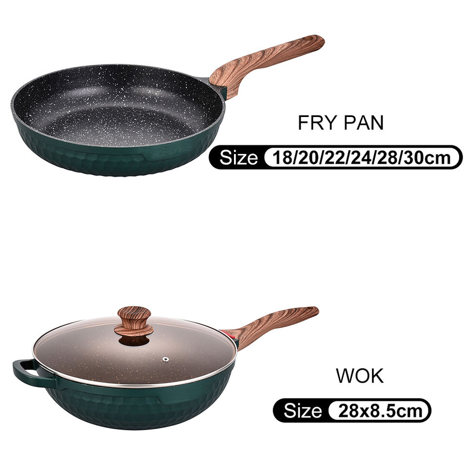 5 Piece Green Textured Die-Cast Aluminum Marble Coating Non-Stick Cookware Set with Wooden Bakelite Handle