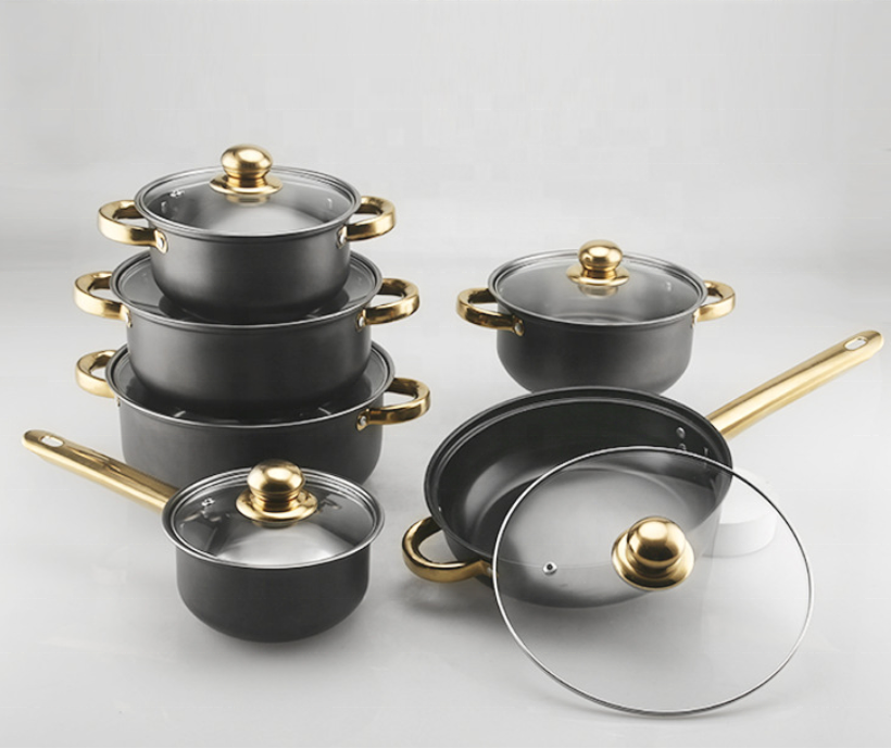 12-Piece Stainless Steel Nonstick Cookware Set Golden Handled Cooking Pot and Milk Pot for Kitchen Use