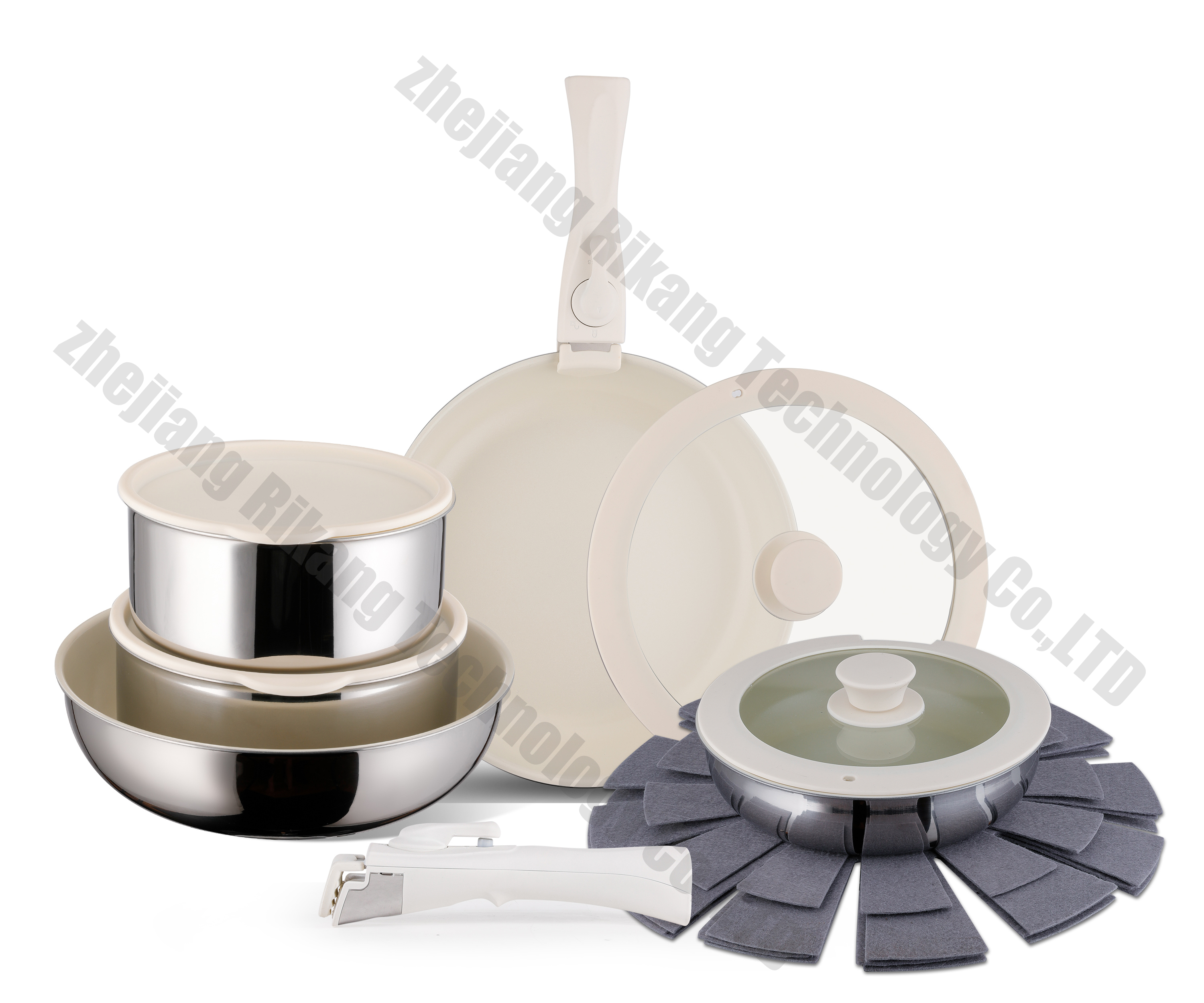 15PCS Ceramic Nonstick Cookware Set with Detachable Handle Orange Space-Saving Pan