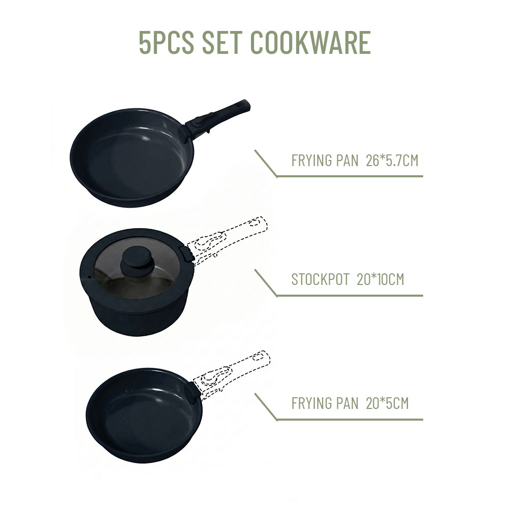 E-TOP High Quality Black 5pcs Frying Pan Soup Pot Kitchen Set with Lid Designed for Both Beginners and Professional Chefs