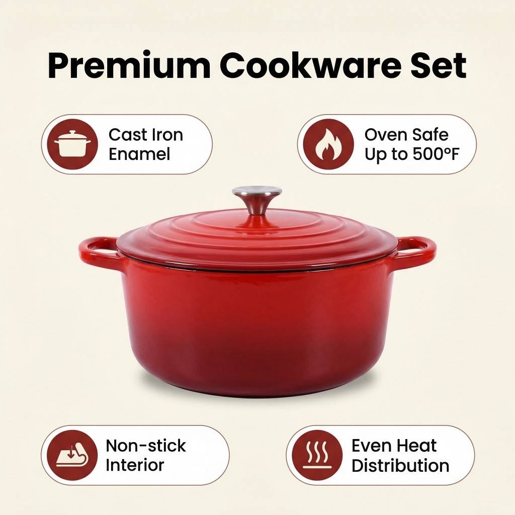 7Pcs Enamel Cast Iron Cookware Set Non Stick Eco Friendly Dutch Oven Saucepan Combo Premium Home Kitchen Cooking Pots Set