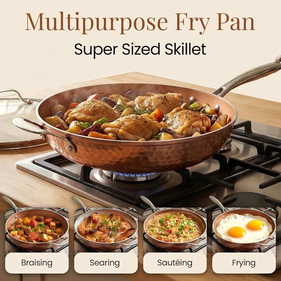Hammered Copper 14 Inch Non Stick Frying Pan with Lid, Nonstick Frying Pan with Ceramic Coating and Induction Plate for Even Heating, Oven / Dishwasher Safe, 10