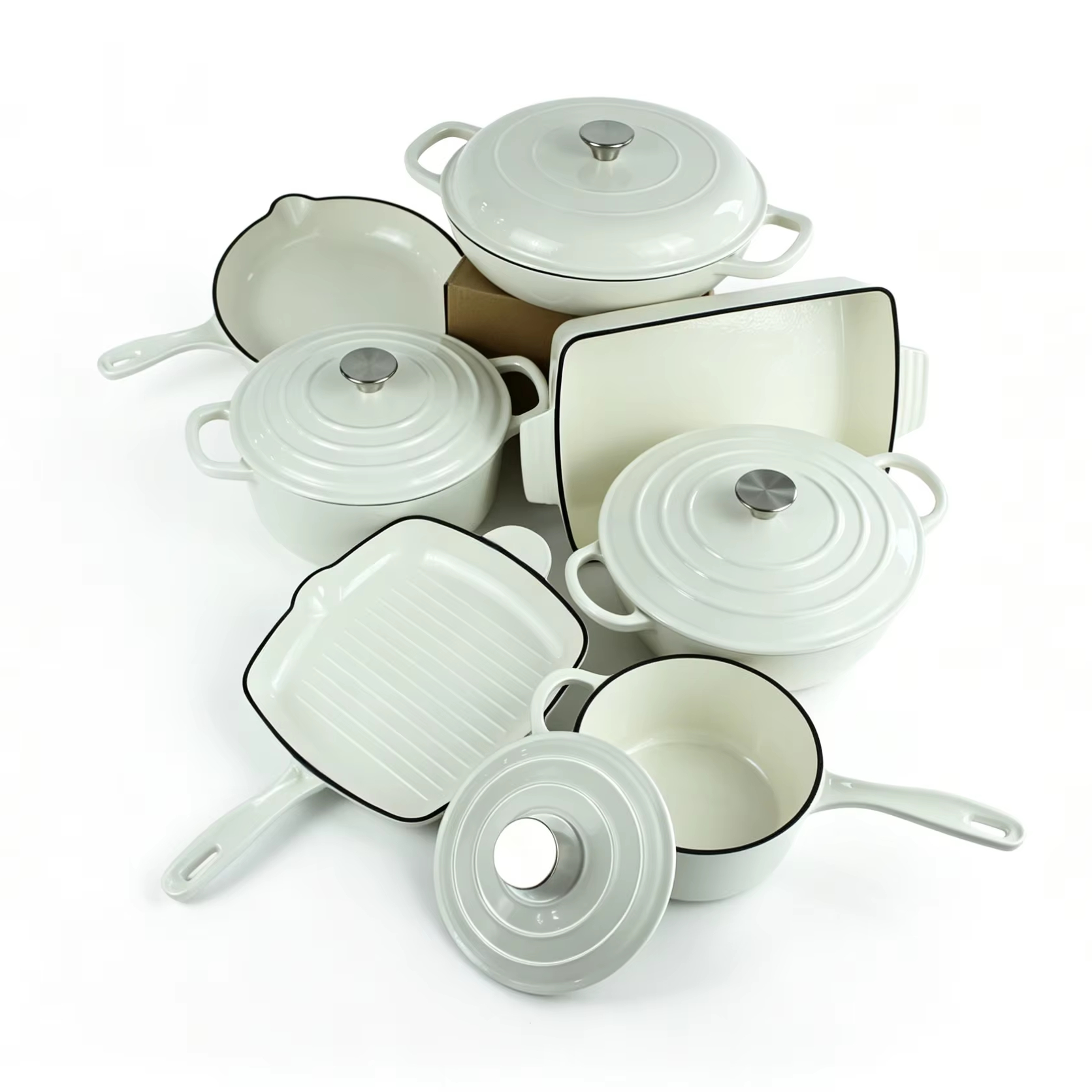 In Stock 7 Pieces White Enamel Cast Iron Cookware Set, Non Stick Pot Pan Combo, Heat Resistant &amp; Oven Safe For Home Kitchen