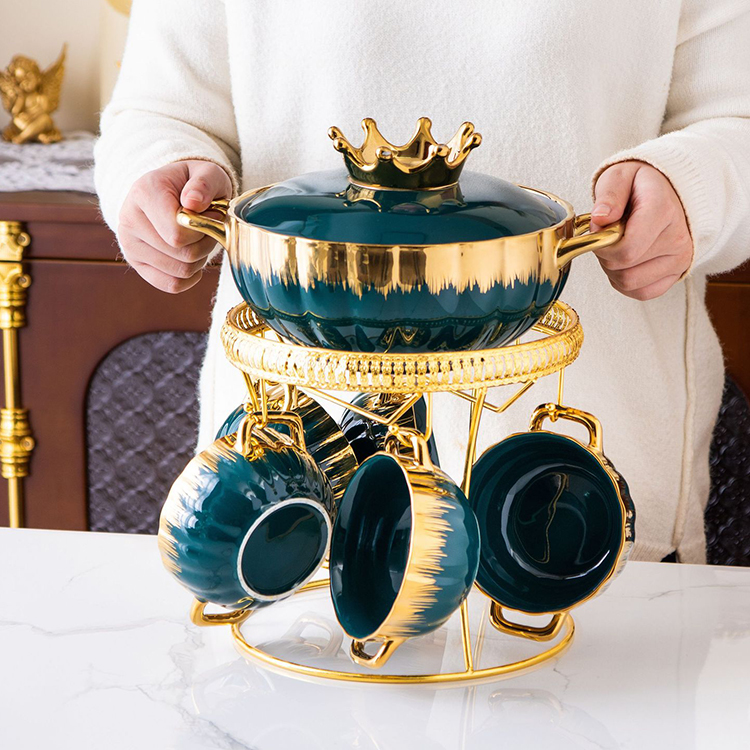 Luxury Gold Edge Green Pink White Black Dinnerware Set Porcelain Luxury Ceramic Tableware Soup Stock Pot and Bowl Set