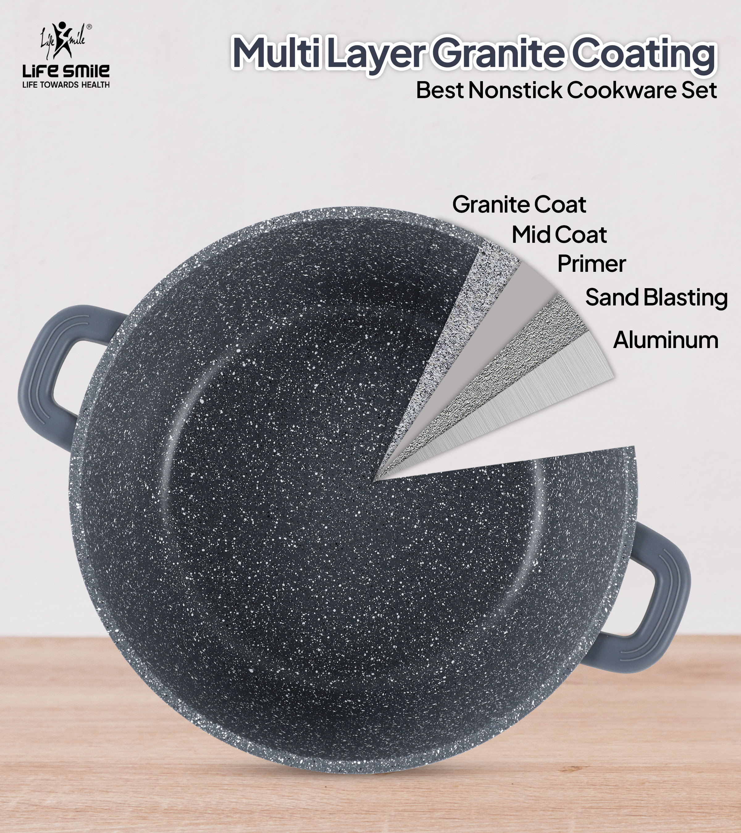 Life Smile Complete Granite Cookware Set Silicone Rim Lids Detachable Handle Pans Nonstick Induction Ready