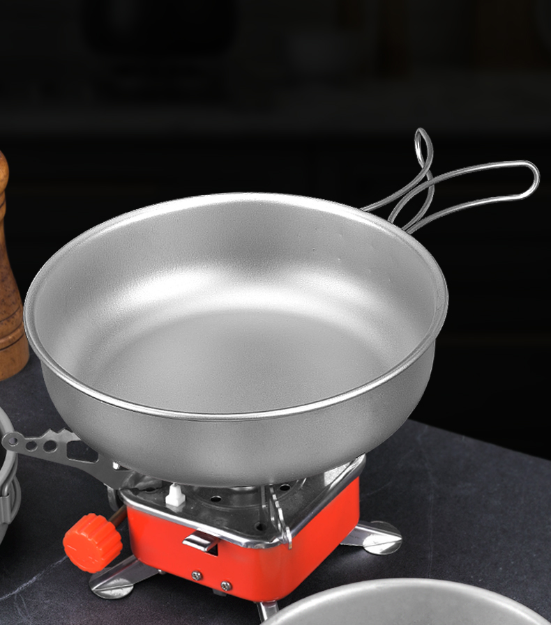 CIEUIS Titanium Cookware Bowl Stackable Folding Handle Camping Frying Pan Set Universal Stove Compatible