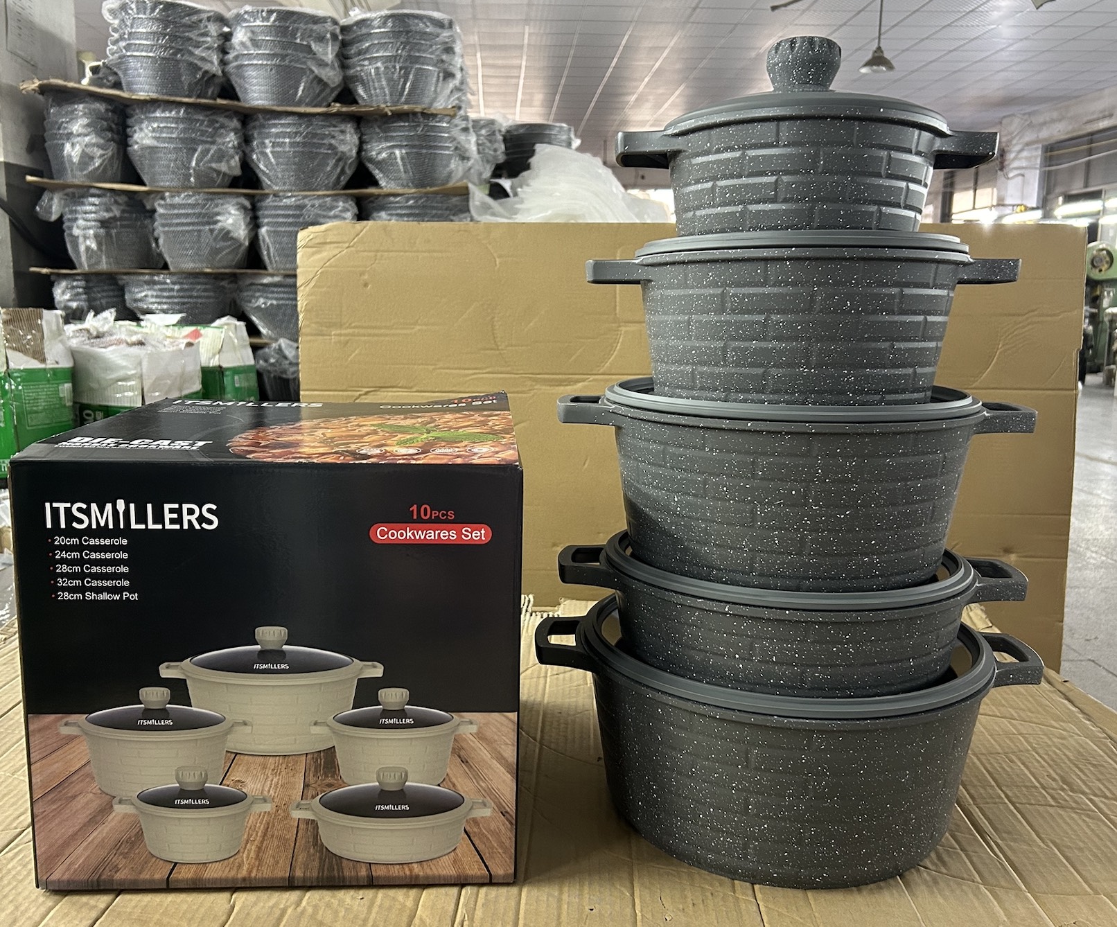 10 Piece Set Full Die Cast Pots and Pans Non Stick Granite Coating Brick Design Casserole Shallow Pot Professional Chef