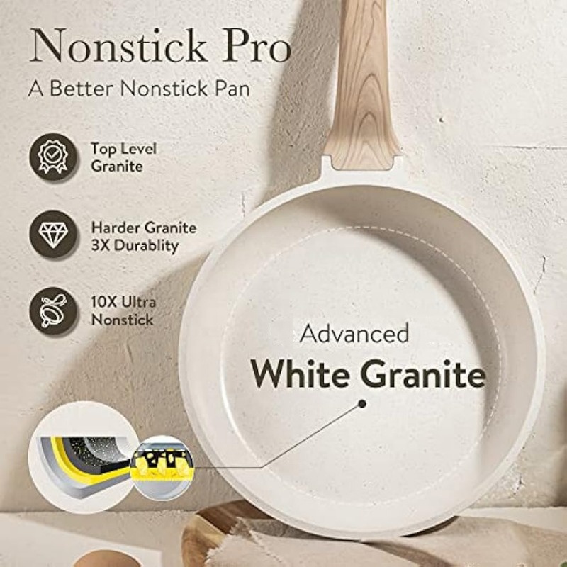 Modern White Granite Nonstick Induction Cookware Set 17 Piece Aluminum with Glass Cover Wood Handle Ceramic Coating Oven Safe