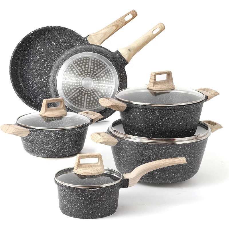 Modern White Granite Nonstick Induction Cookware Set 17 Piece Aluminum with Glass Cover Wood Handle Ceramic Coating Oven Safe