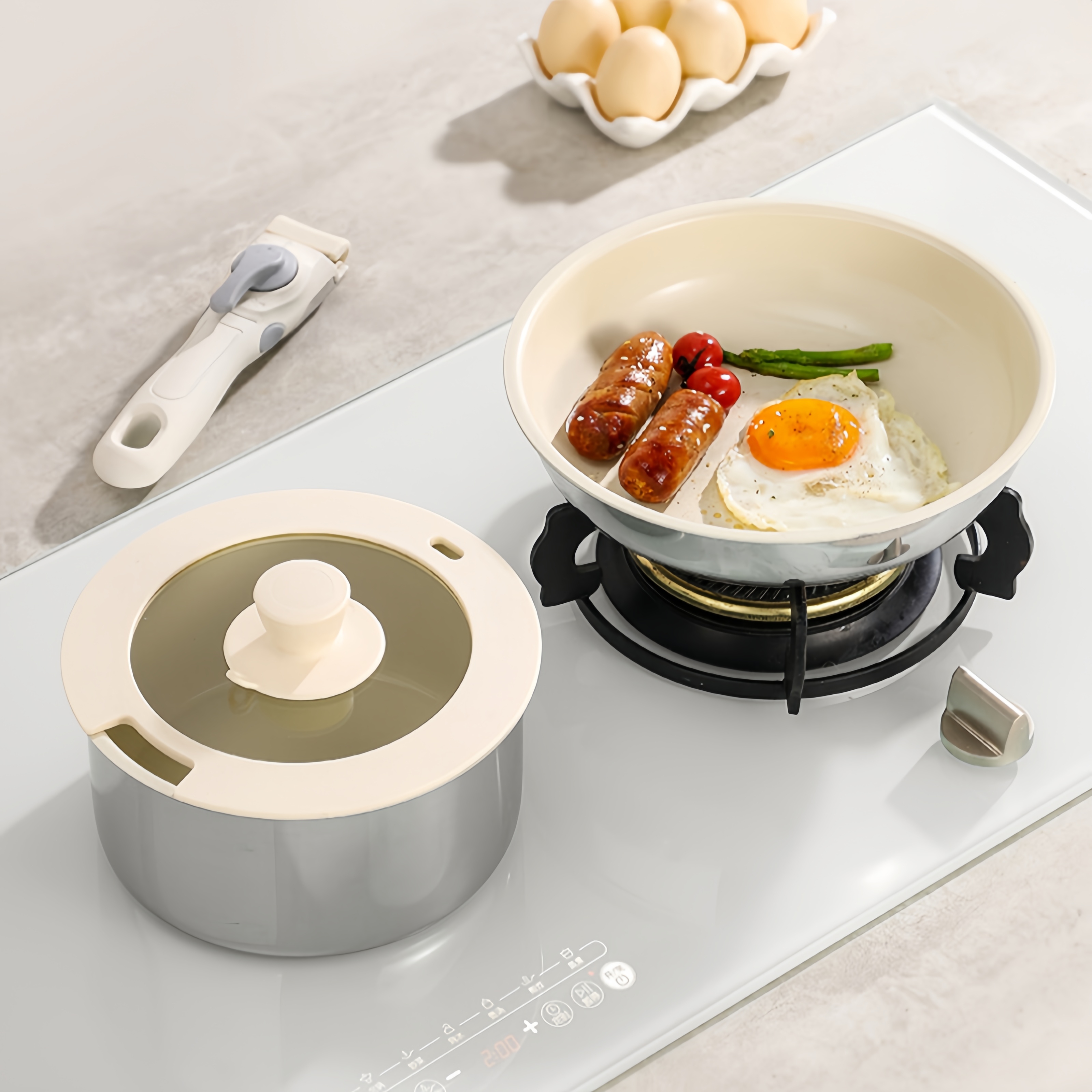 Stainless Steel Detachable Handle Cookware Set Fry Pan Sauce Pot Milk Pot with Glass Lid Triple Ply for Home Use