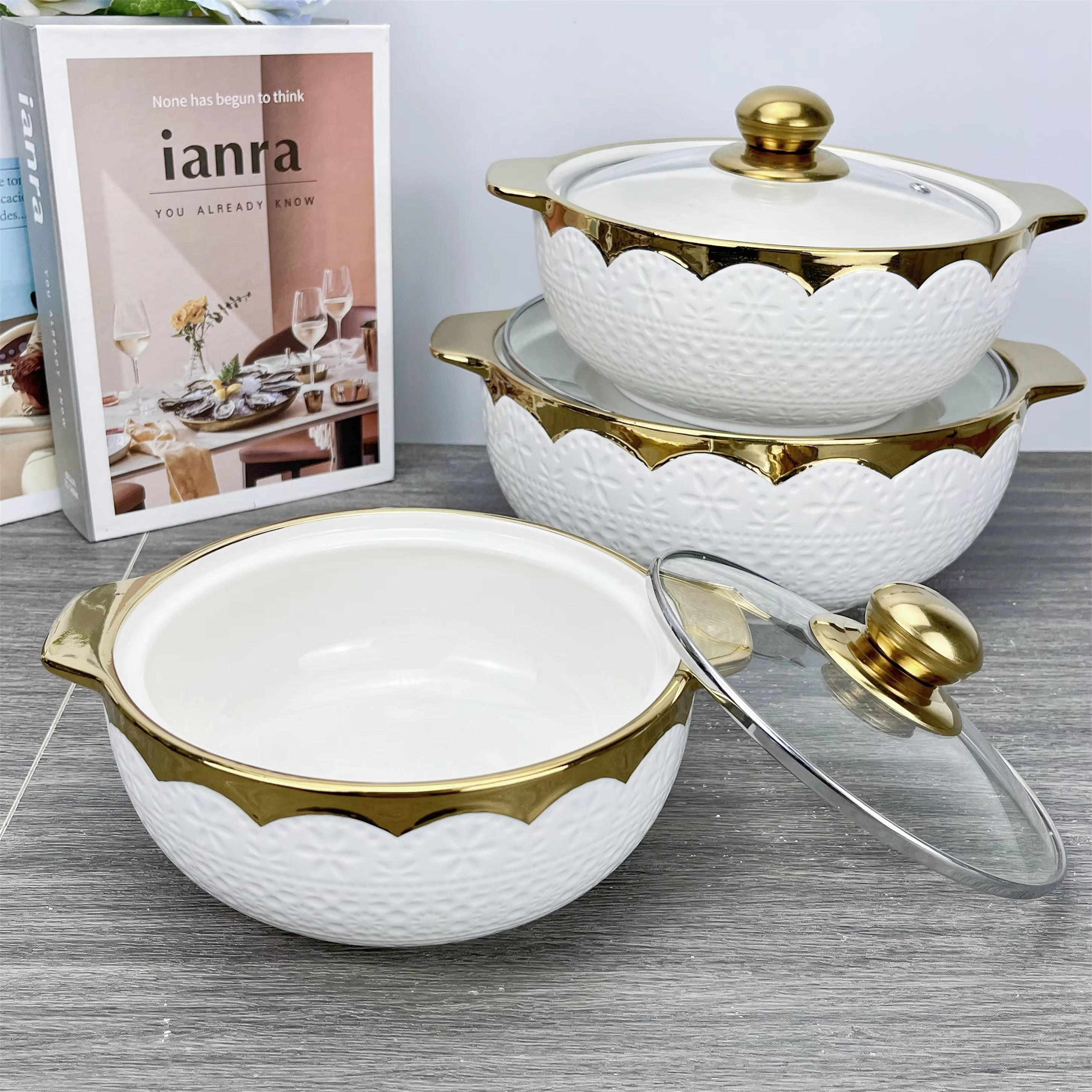 Light Luxury Cover Stock Pot Set Modern Design Ceramic Mixing Bowl Set Multifunctional Porcelain Soup Pot Set With Glass Lid