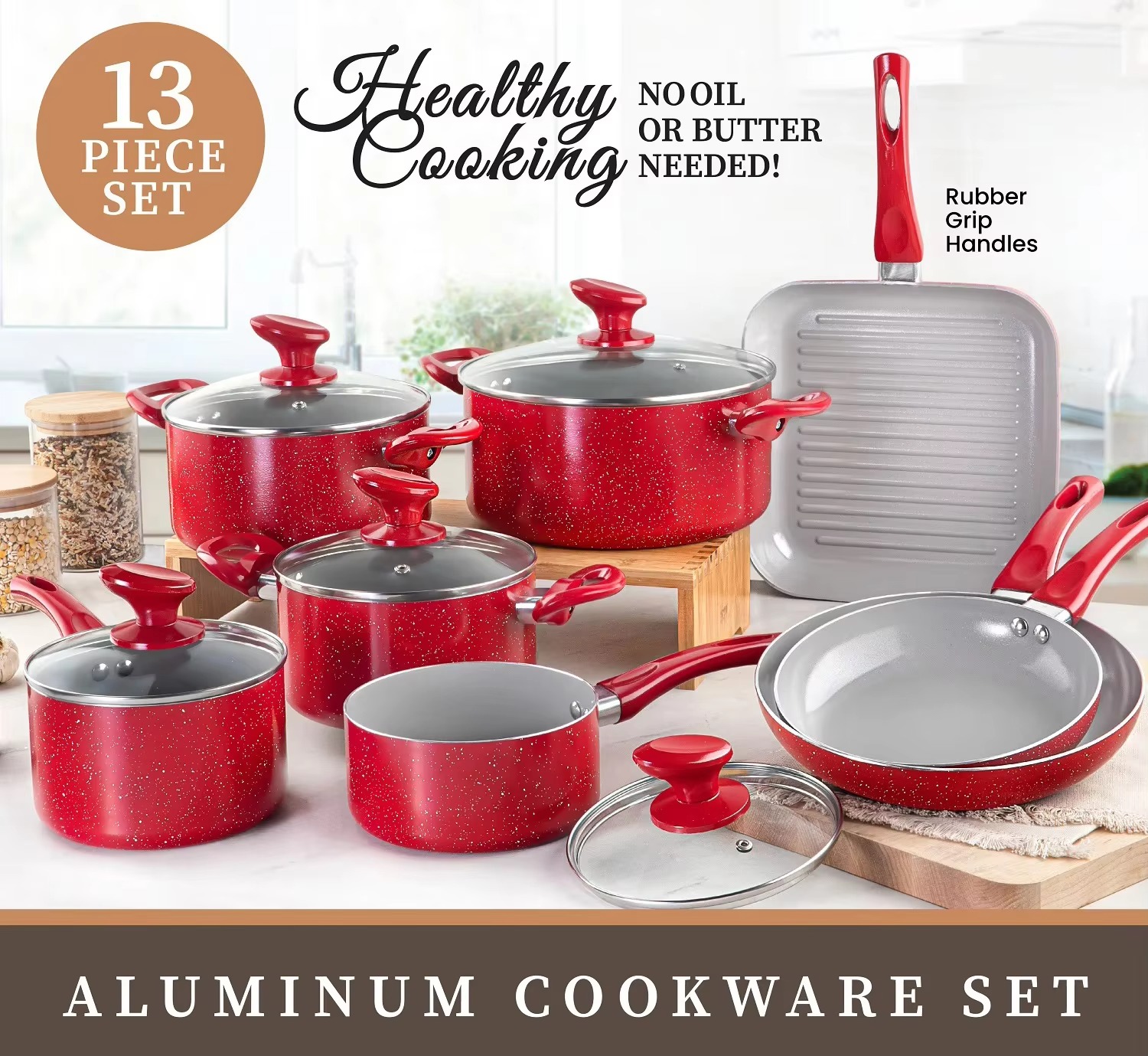 2025 Customizable Eco-Friendly 13-Piece Large Multi-Piece Non-Stick Cookware Set Classic Red Marble Coated Glass Cover